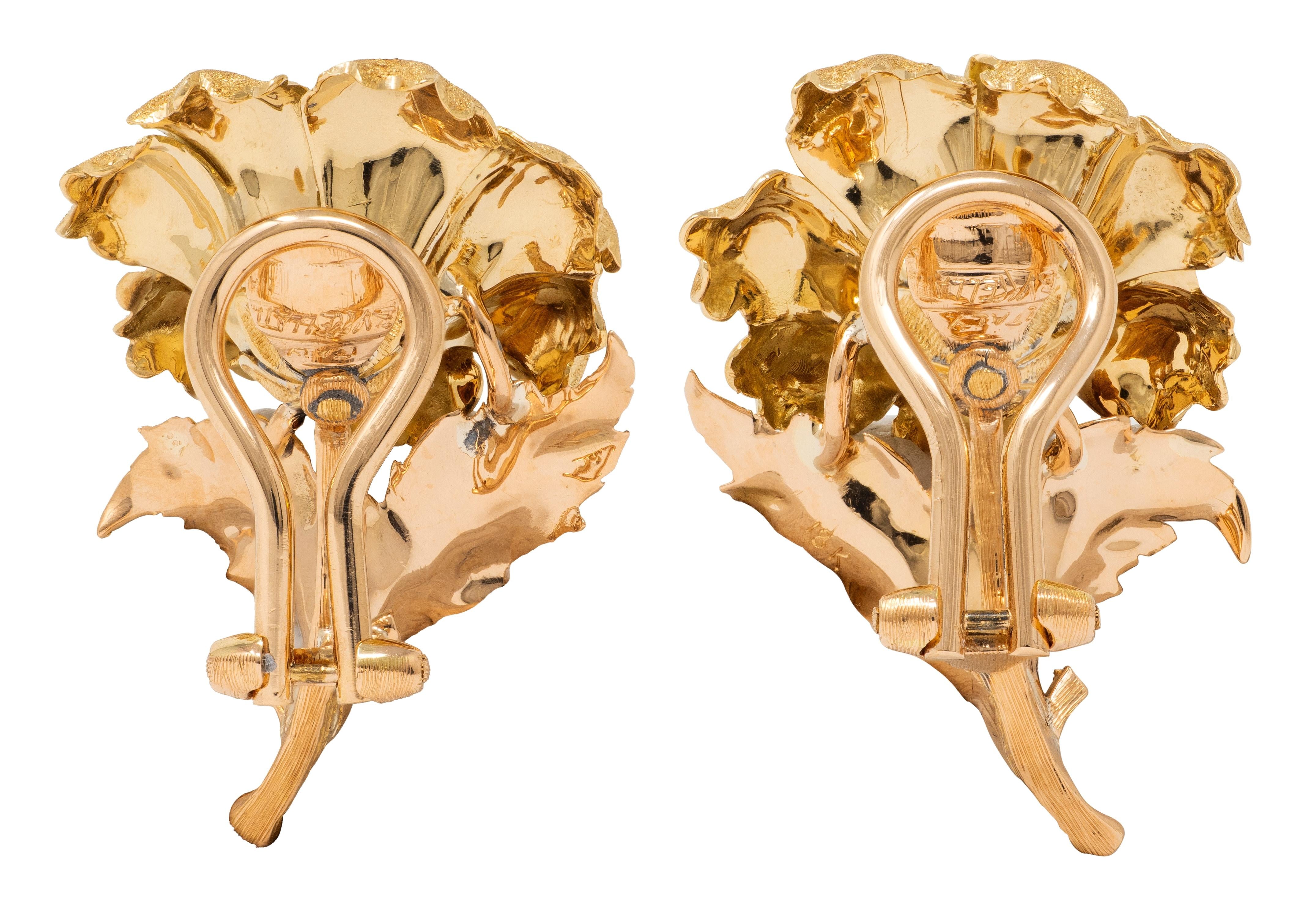 Buccellati 1970's Diamond 18K Tri-Colored Gold Vintage Flower Ear-Clip Earrings
