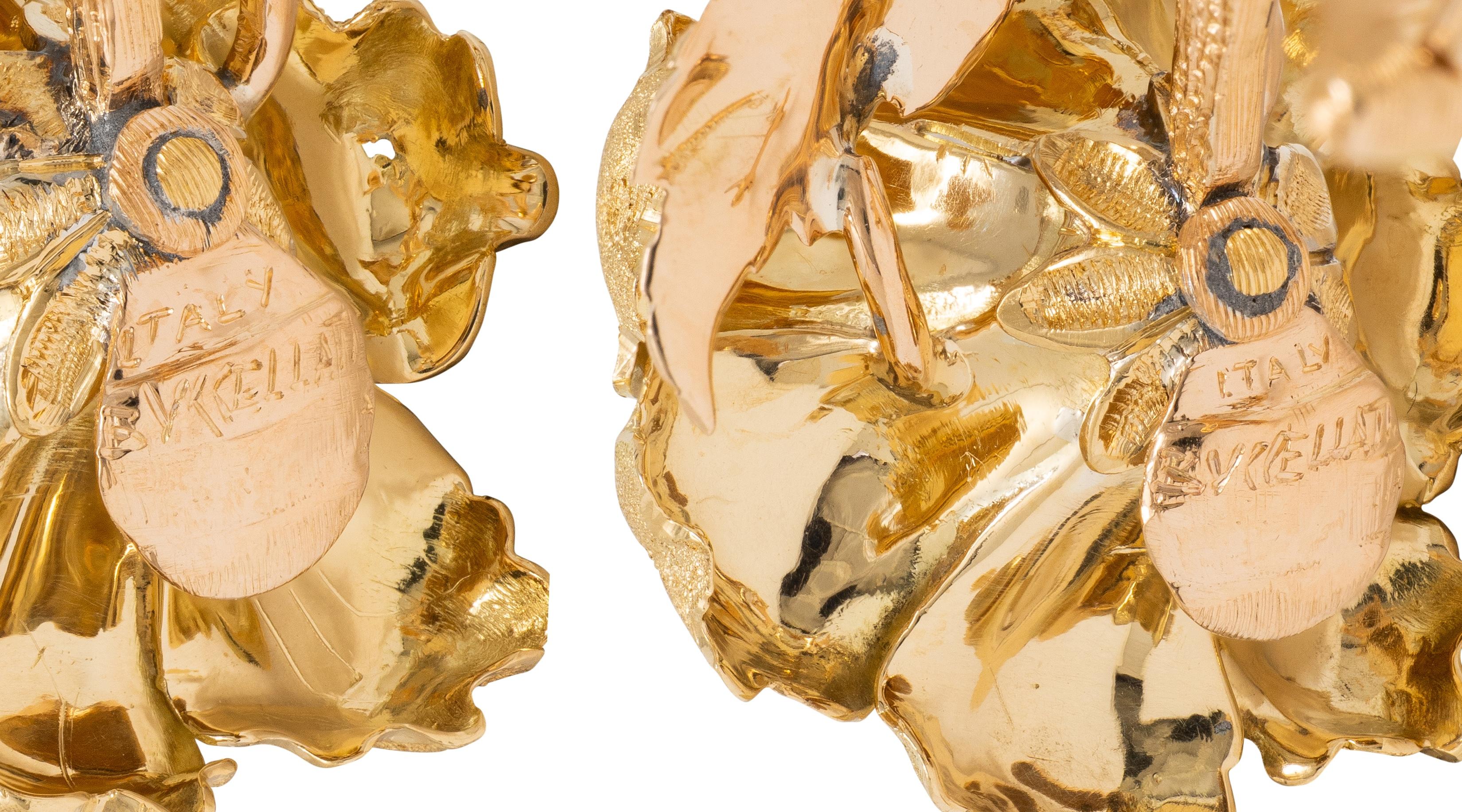 Buccellati 1970's Diamond 18K Tri-Colored Gold Vintage Flower Ear-Clip Earrings