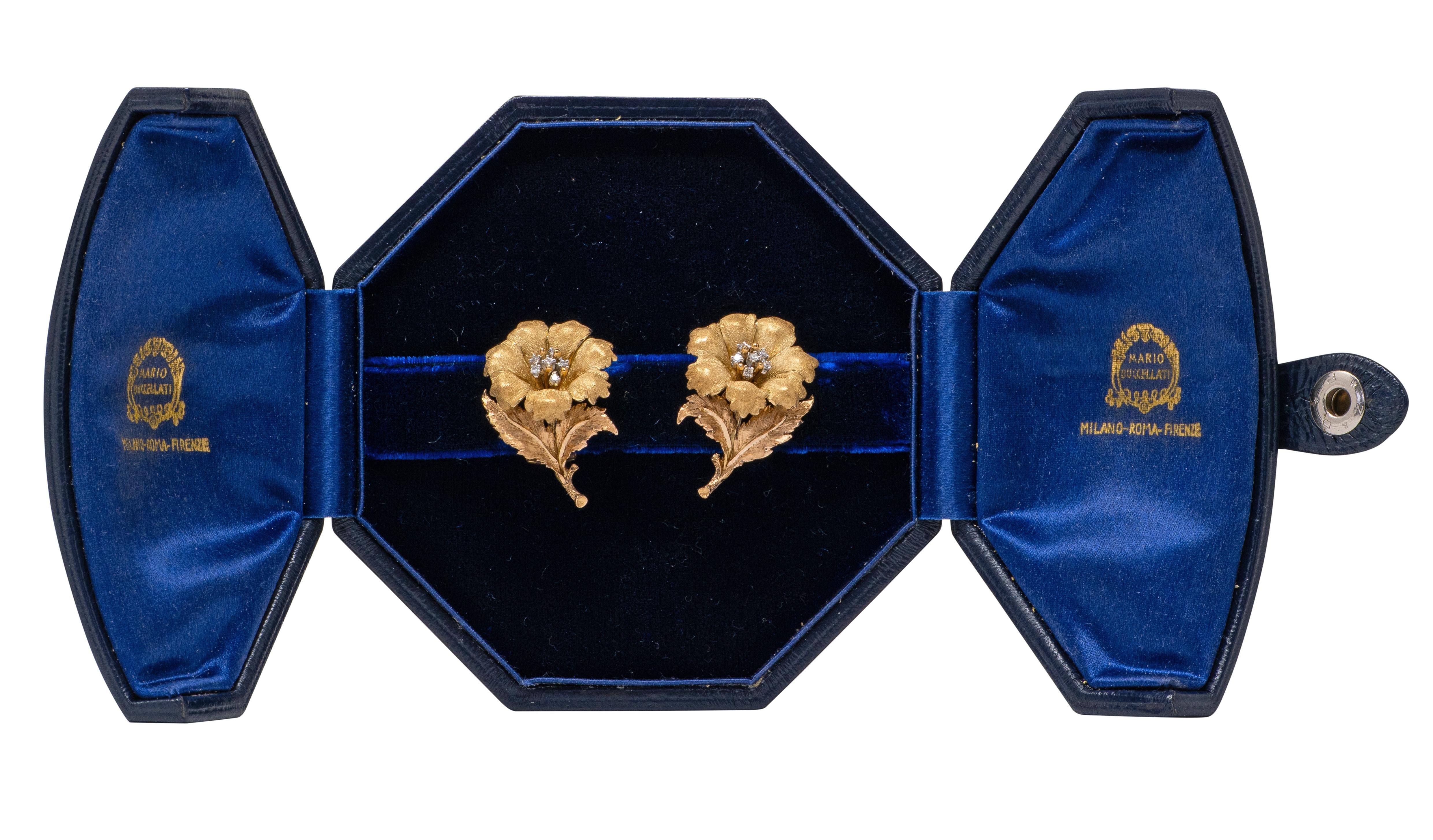 Buccellati 1970's Diamond 18K Tri-Colored Gold Vintage Flower Ear-Clip Earrings