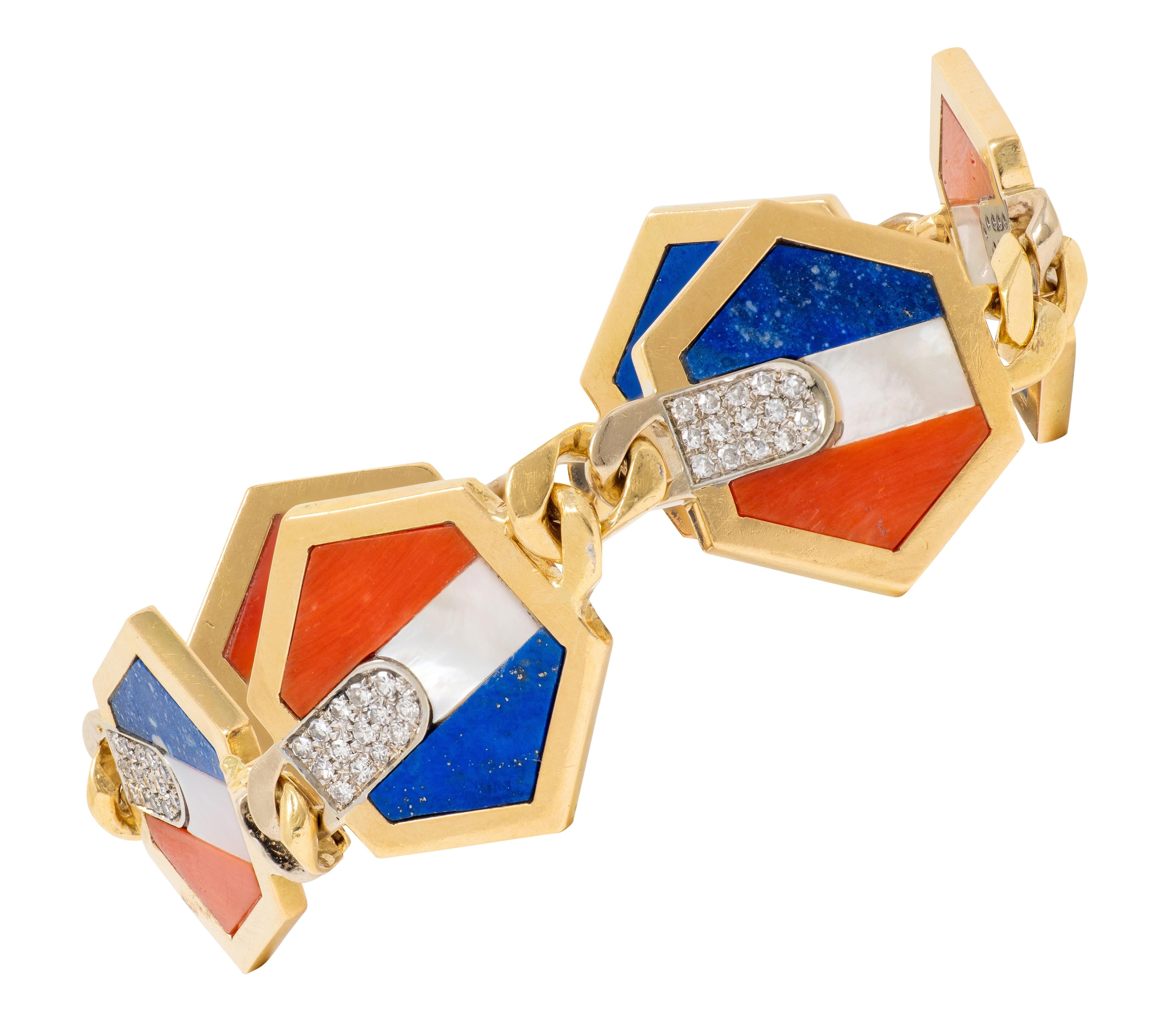 Bulgari Stars and Stripes 1970's Diamond Coral Lapis 18K Gold Vintage Bracelet