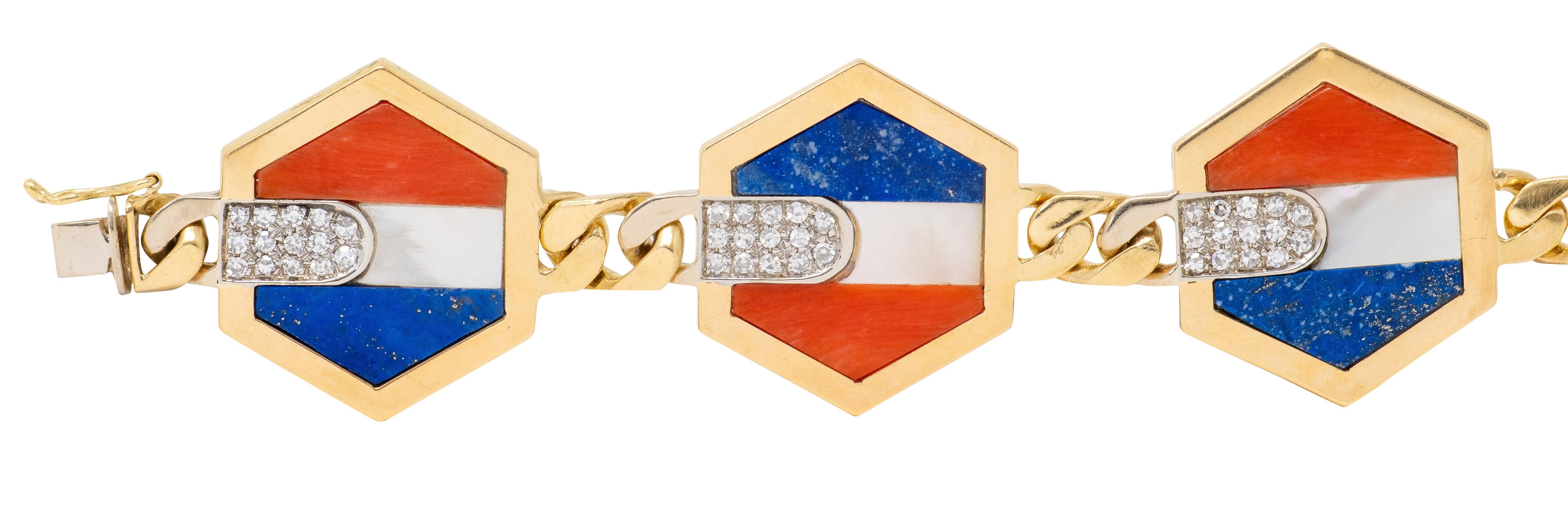 Bulgari Stars and Stripes 1970's Diamond Coral Lapis 18K Gold Vintage Bracelet