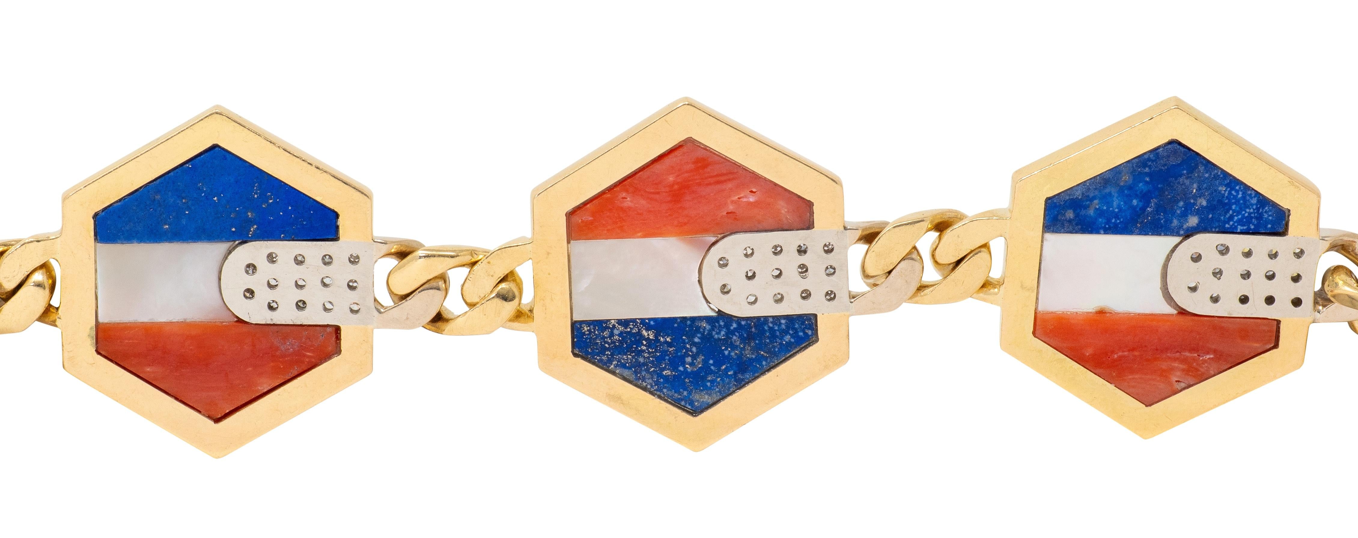 Bulgari Stars and Stripes 1970's Diamond Coral Lapis 18K Gold Vintage Bracelet