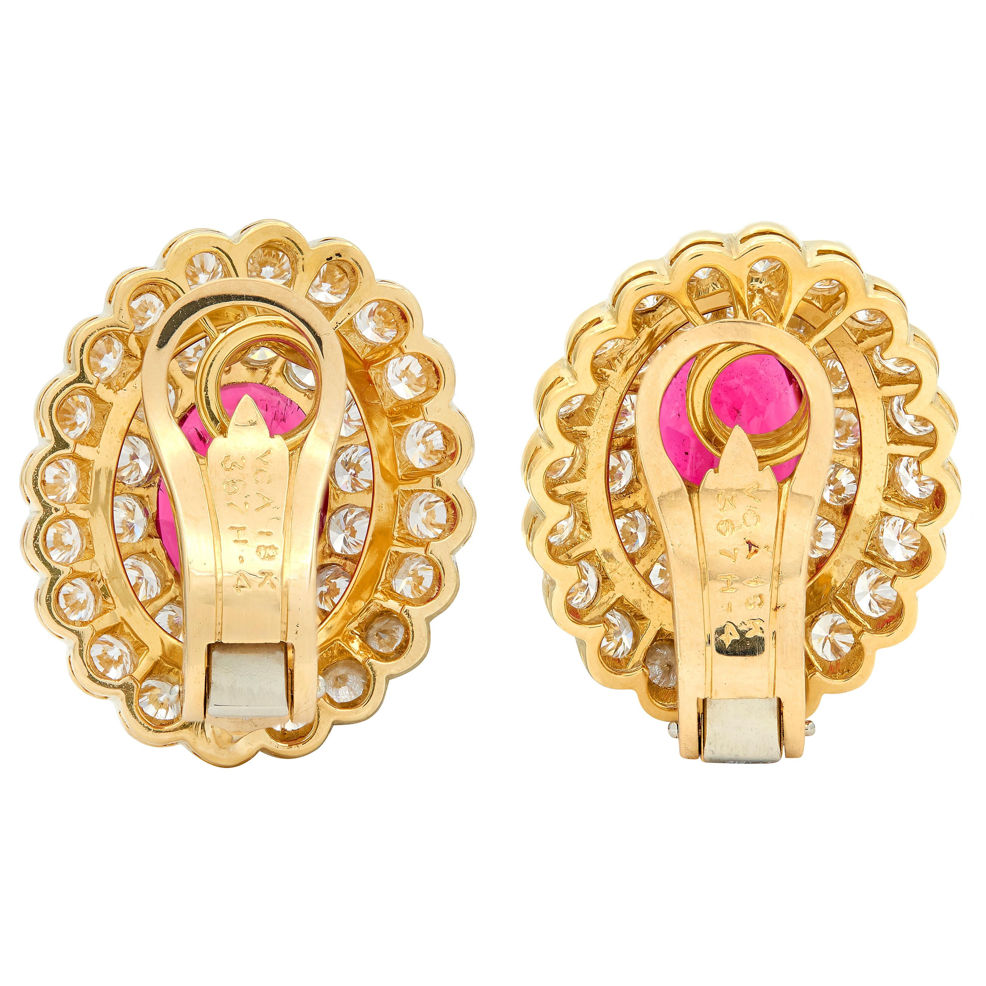 Van Cleef & Arpels 1980 Rubellite 18K Gold Vintage Double Halo Ear-Clip Earrings