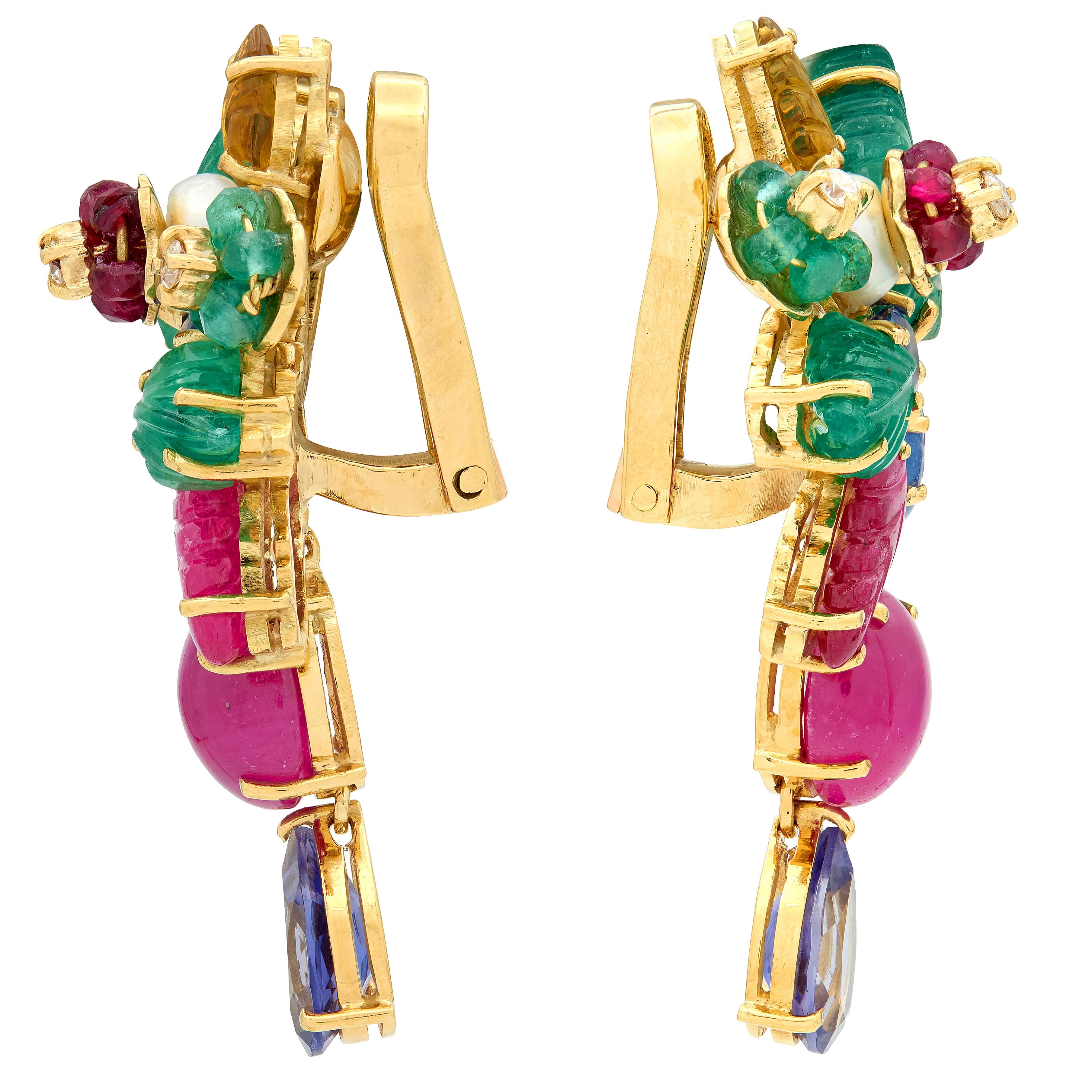 Leardi Ruby Sapphire 18K Gold Vintage Tutti-Frutti Ear-Clip Drop Earrings
