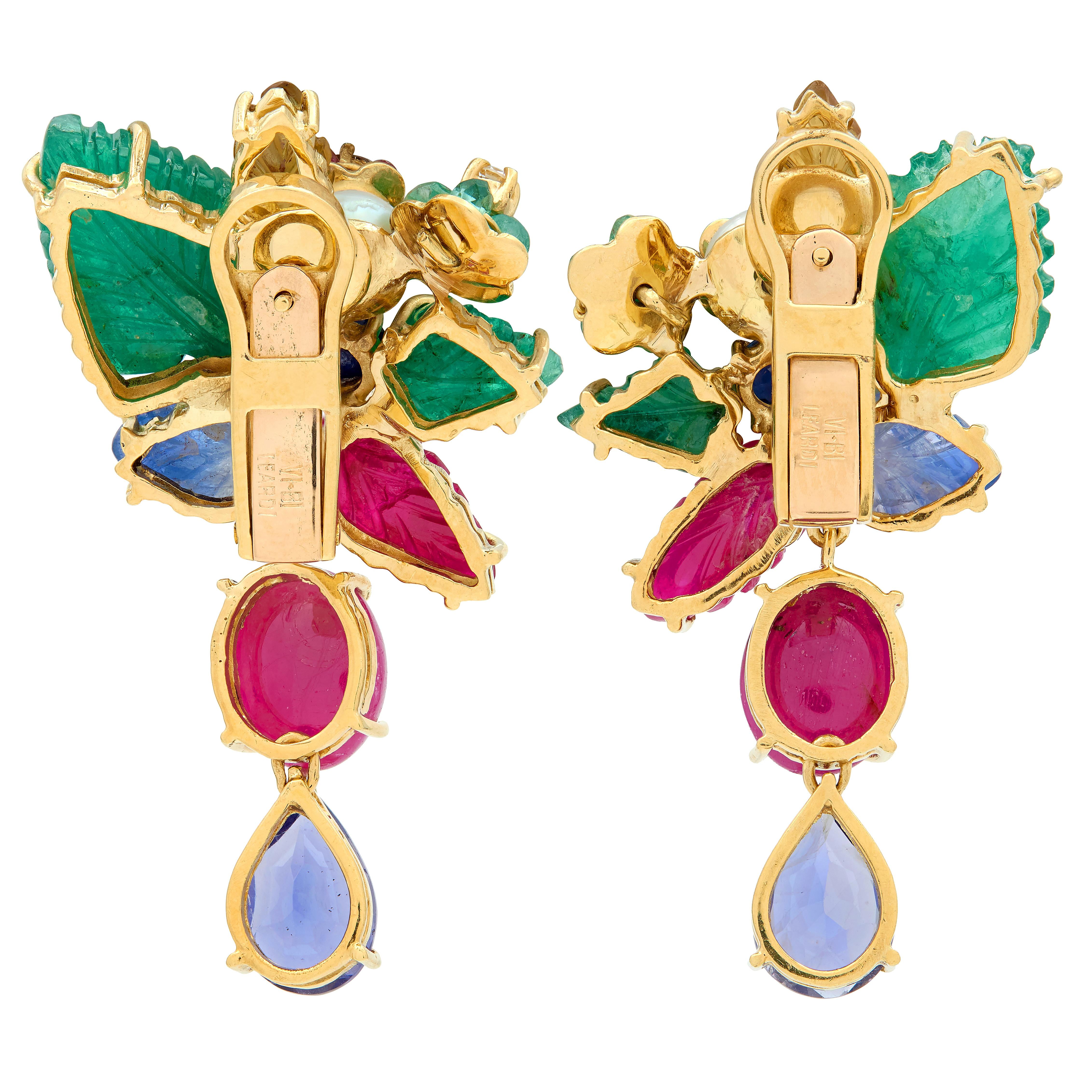 Leardi Ruby Sapphire 18K Gold Vintage Tutti-Frutti Ear-Clip Drop Earrings