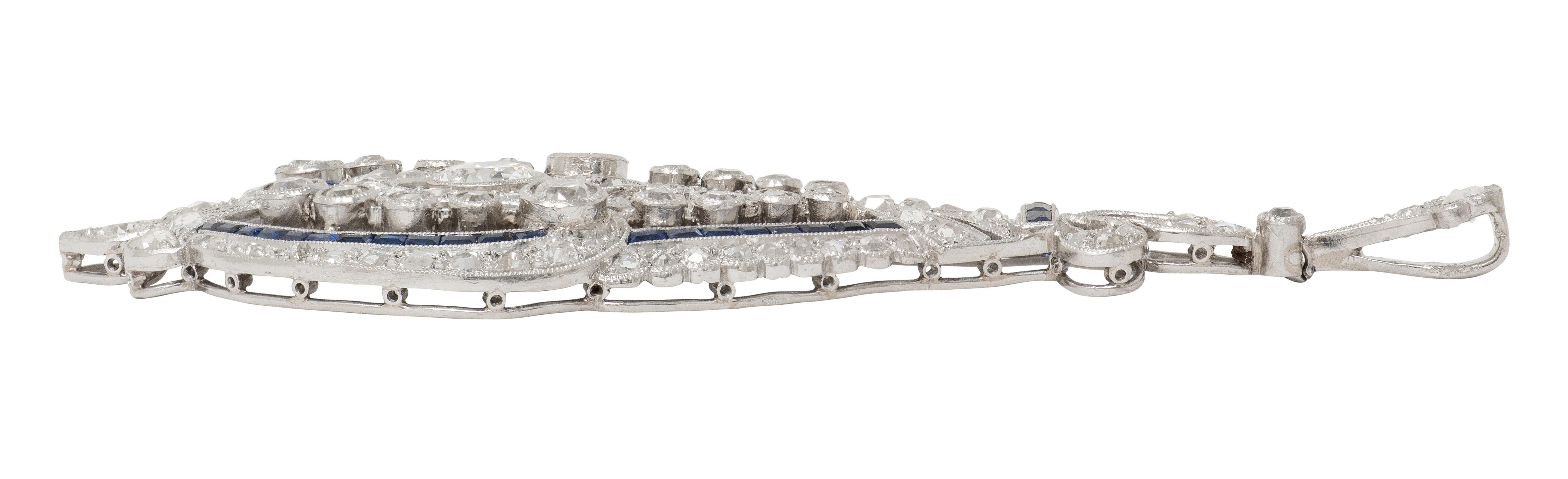 Art Deco French 3.80 CTW Diamond Sapphire Platinum Vintage Fleur-De-Lis Pendant