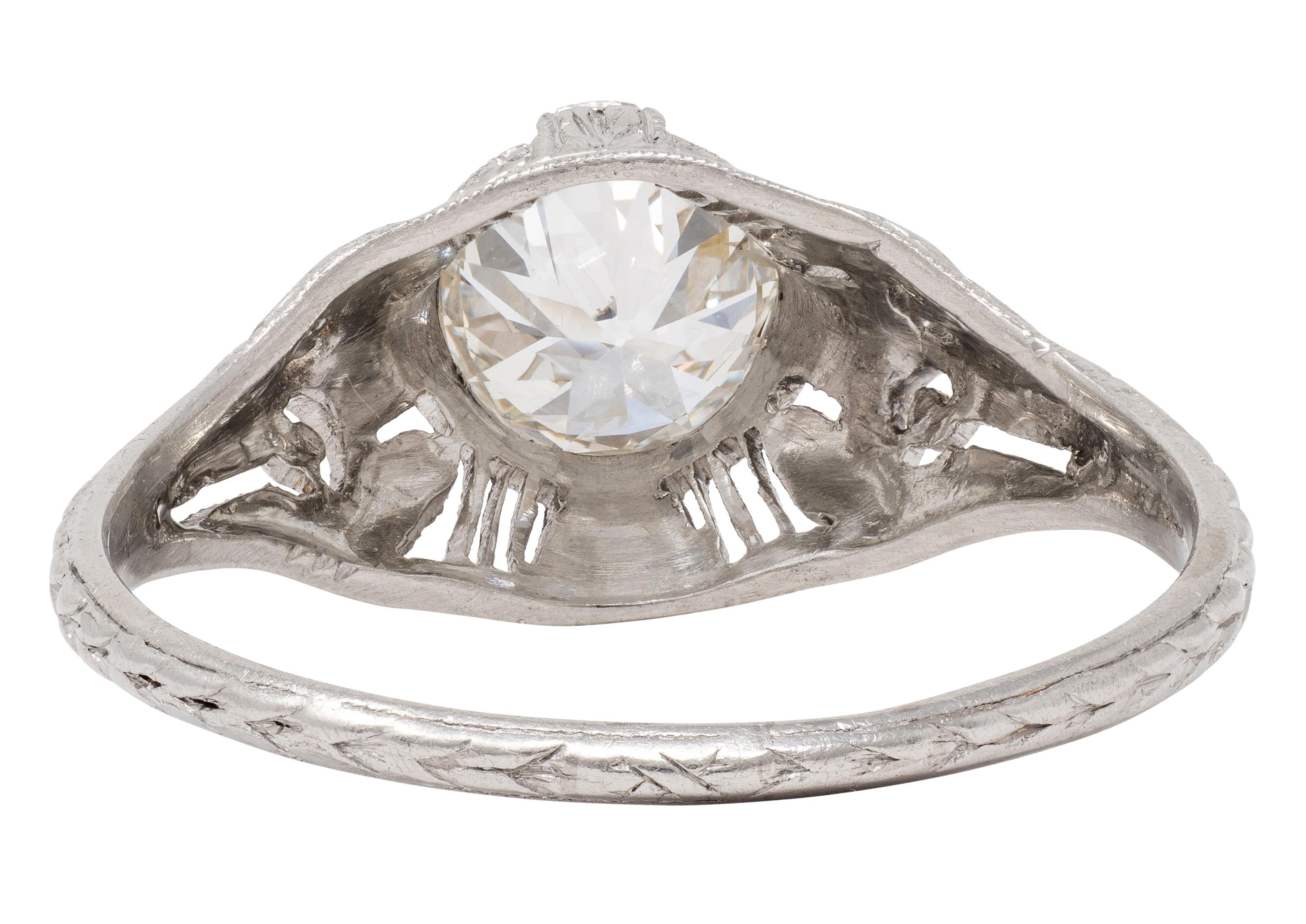 Art Deco Old European Diamond Platinum Vintage Scrolling Wheat Engagement Ring