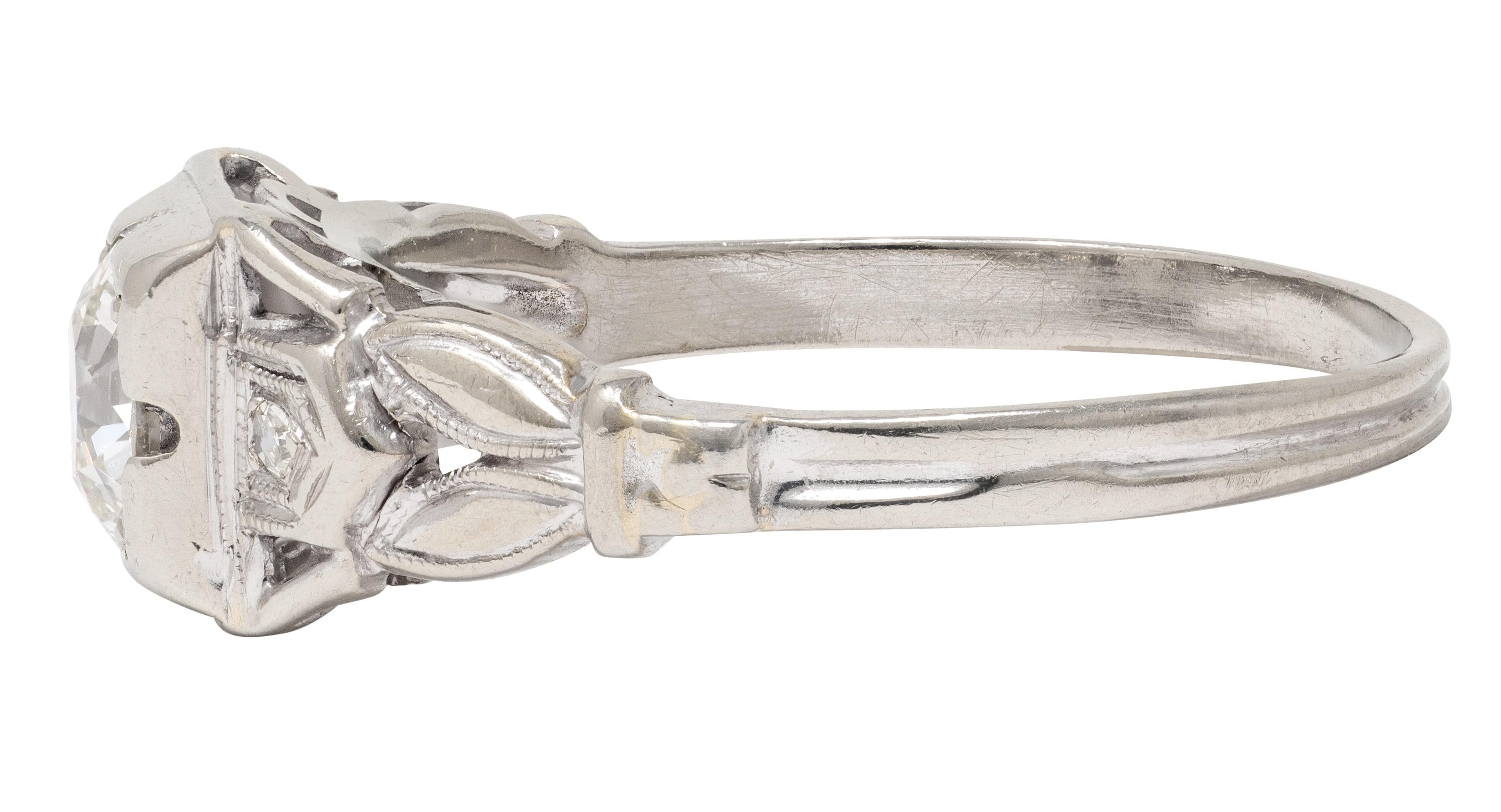 Art Deco Old European Cut Diamond 18K White Gold Vintage Foliate Engagement Ring