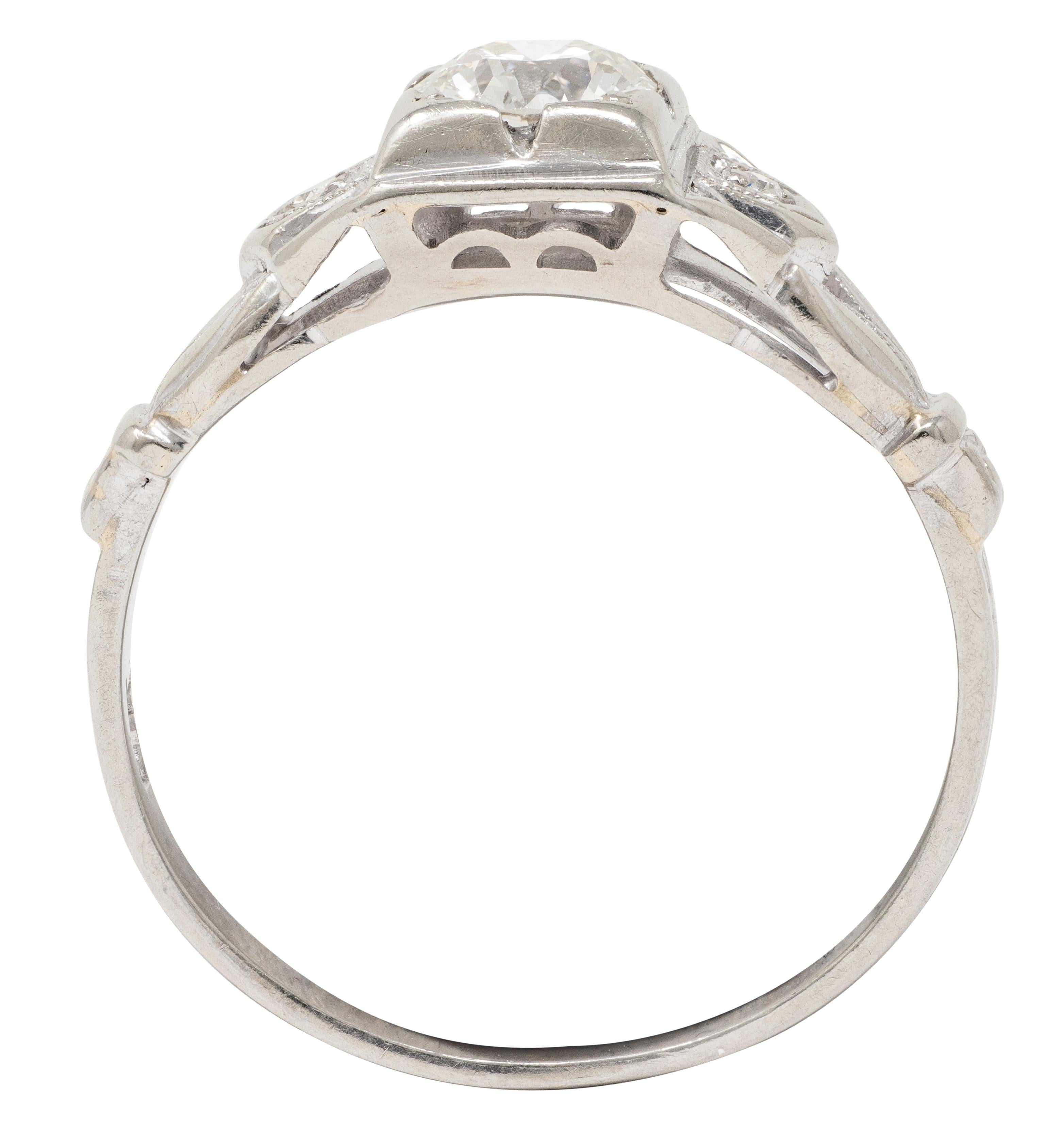 Art Deco Old European Cut Diamond 18K White Gold Vintage Foliate Engagement Ring