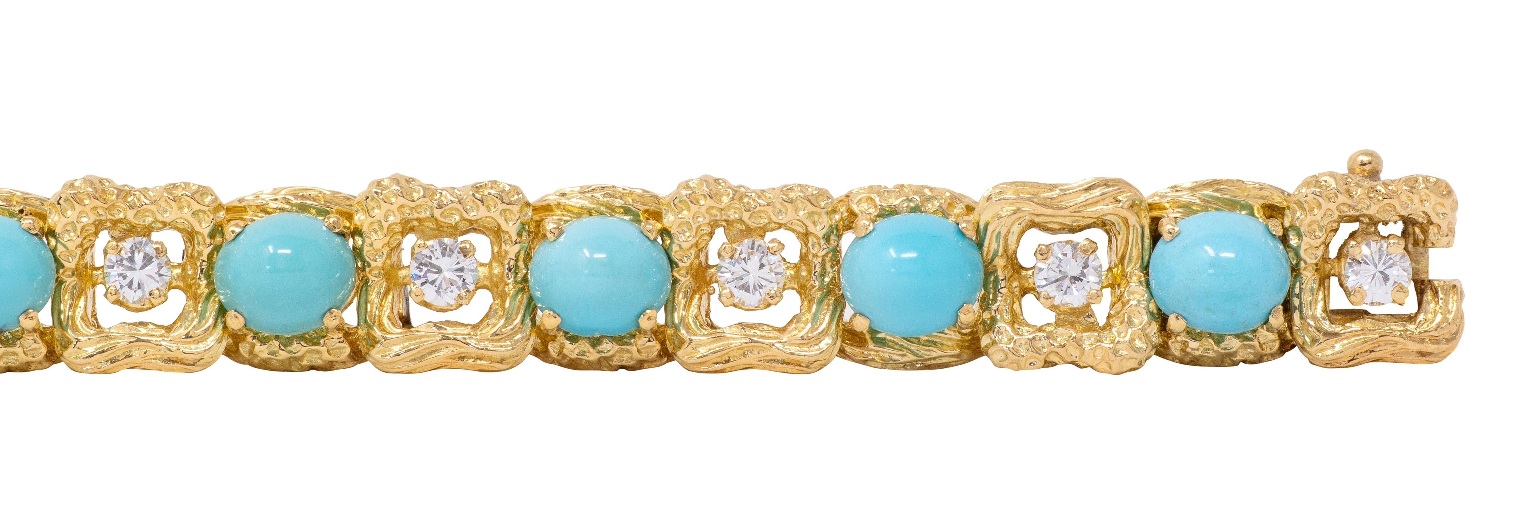 Vintage 1970's Diamond Turquoise 18 Karat Yellow Gold Link Bracelet
