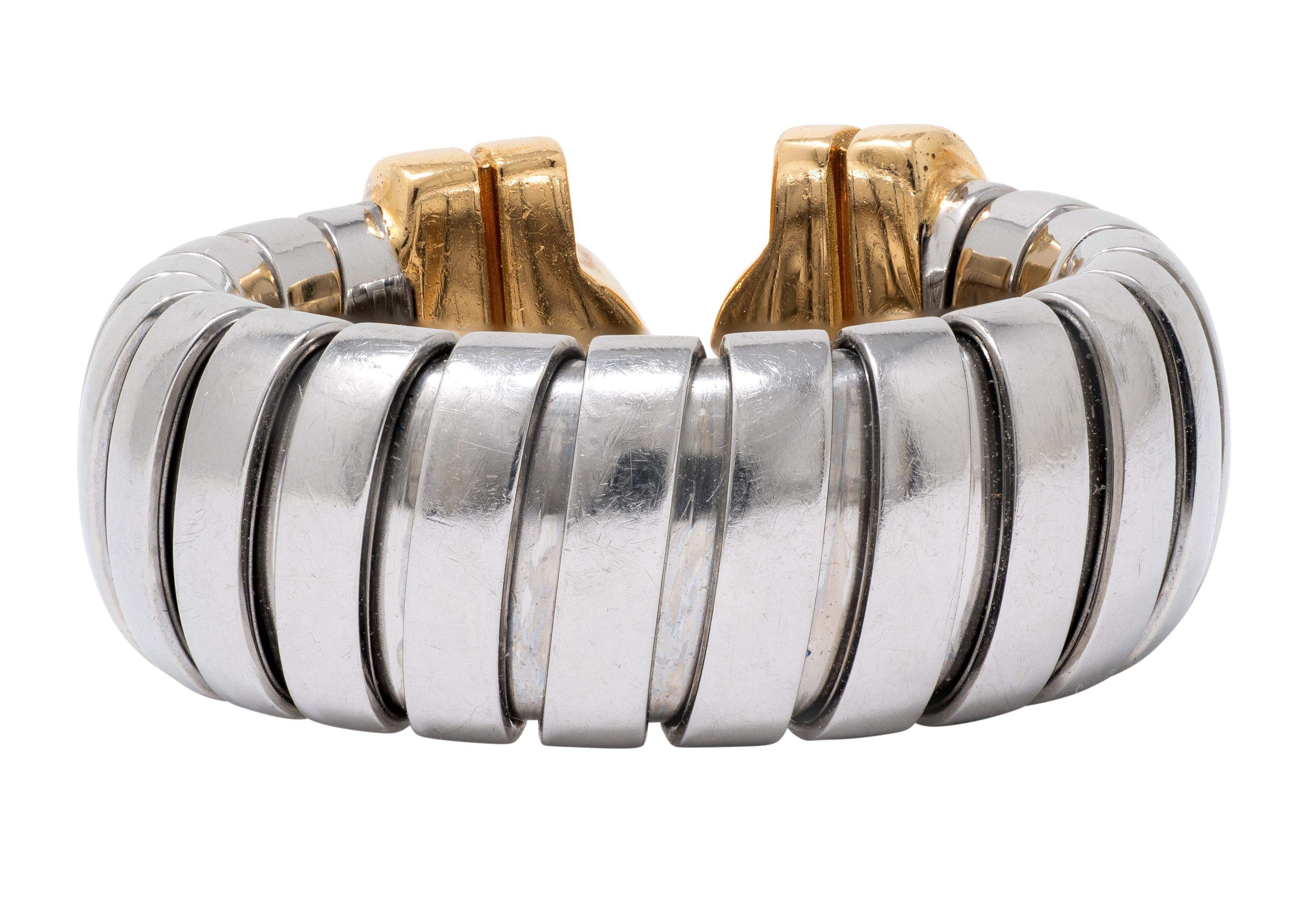 Bulgari 1990's Diamond 18K Gold Steel Vintage Parentesi Tubogas Omega Cuff Ring
