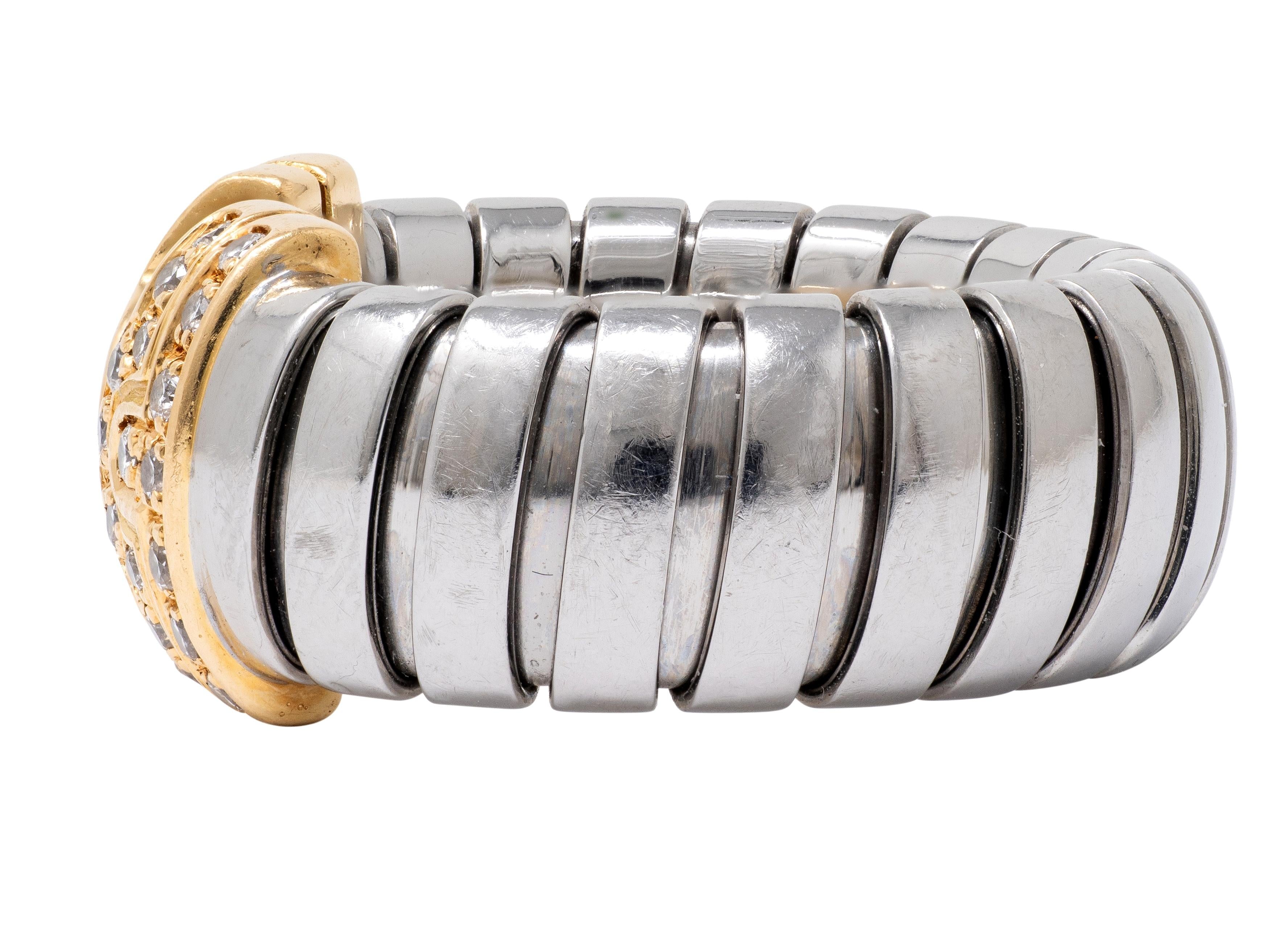 Bulgari 1990's Diamond 18K Gold Steel Vintage Parentesi Tubogas Omega Cuff Ring