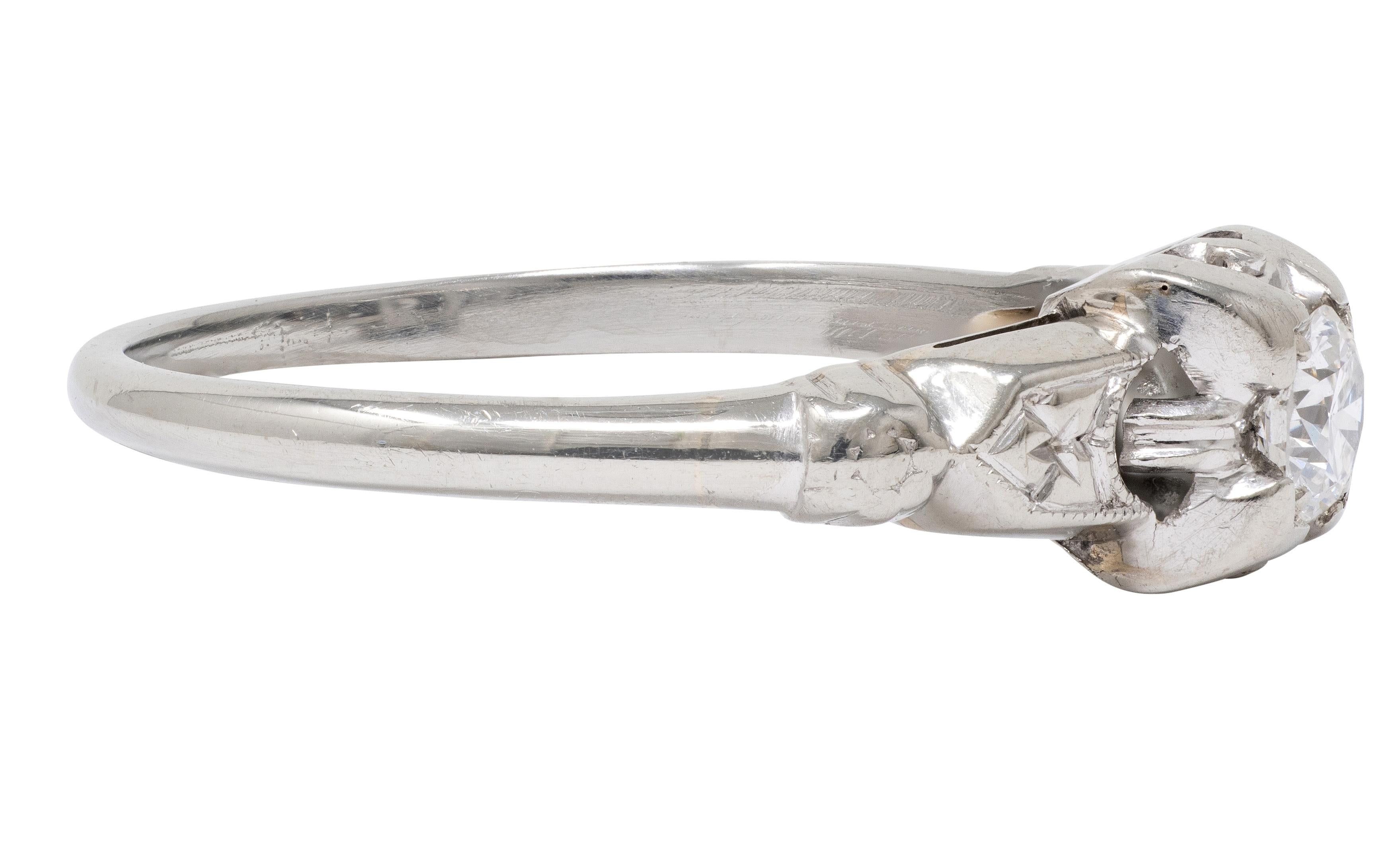 Retro Old European Diamond 18 Karat White Gold Vintage Buckle Engagement Ring