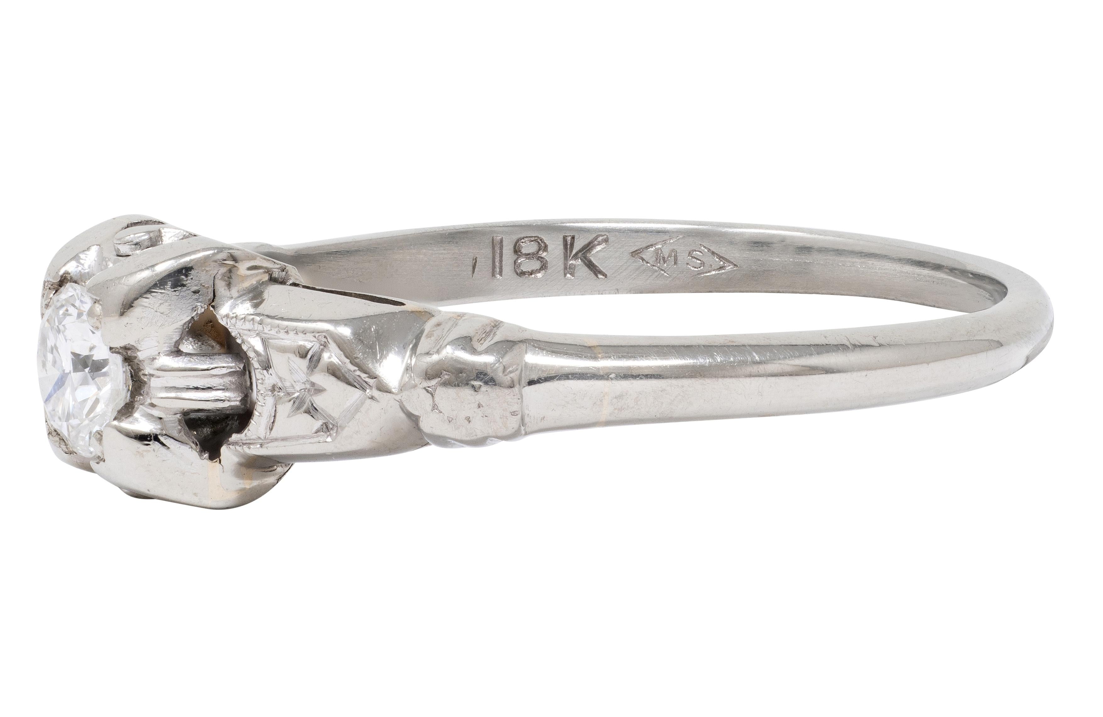 Retro Old European Diamond 18 Karat White Gold Vintage Buckle Engagement Ring