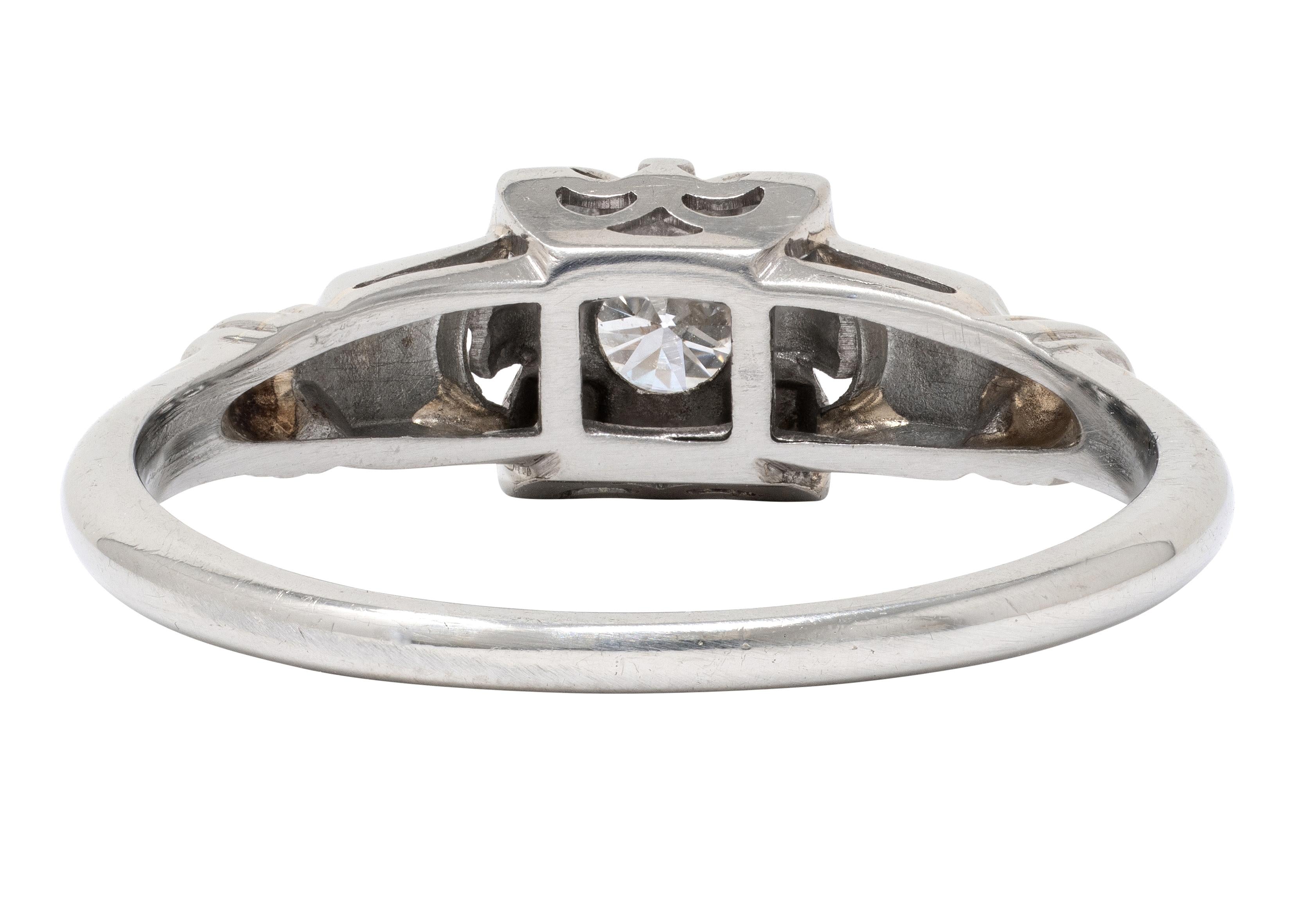 Retro Old European Diamond 18 Karat White Gold Vintage Buckle Engagement Ring