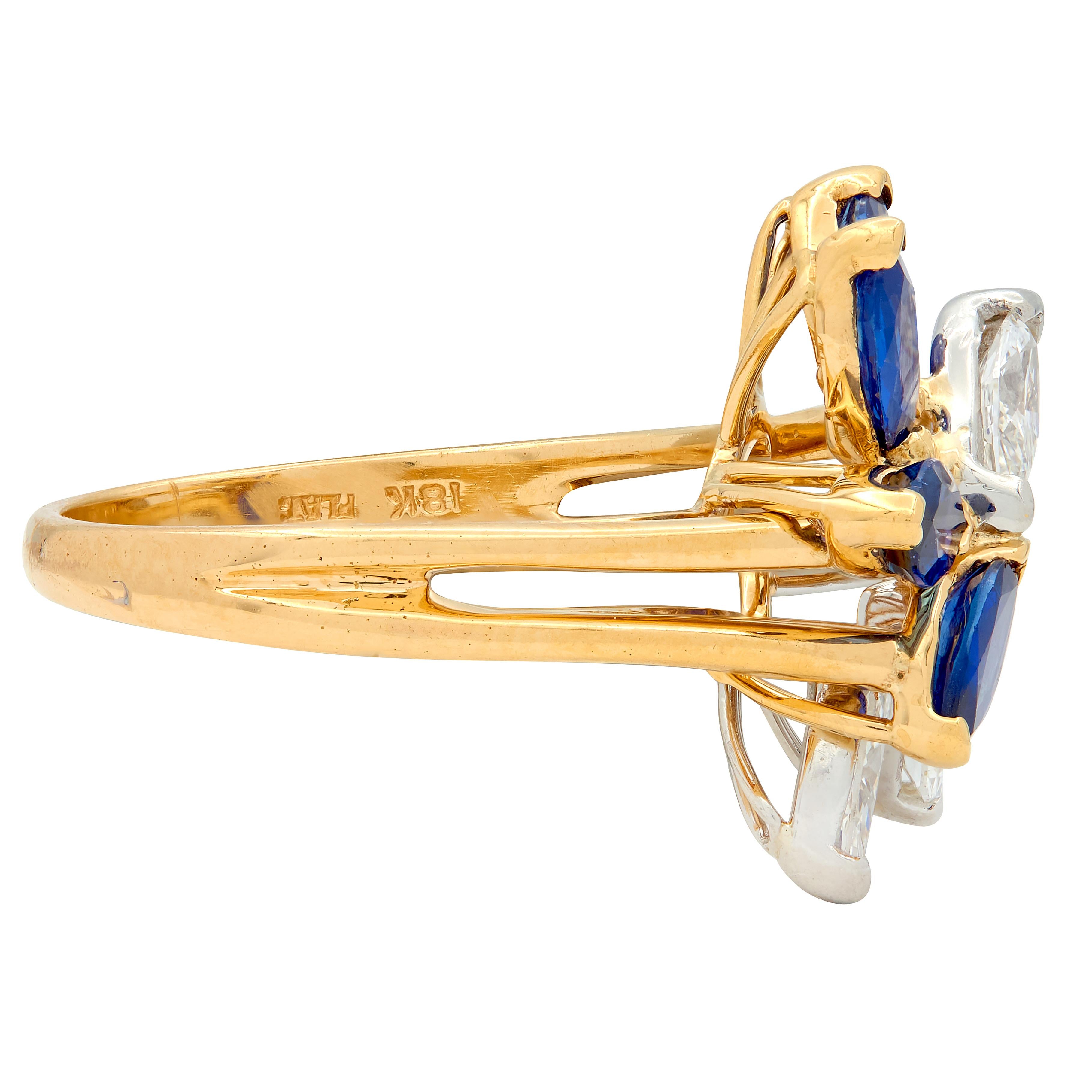 1980's Sapphire Diamond 18 Karat Yellow Gold Platinum Vintage Cluster Ring