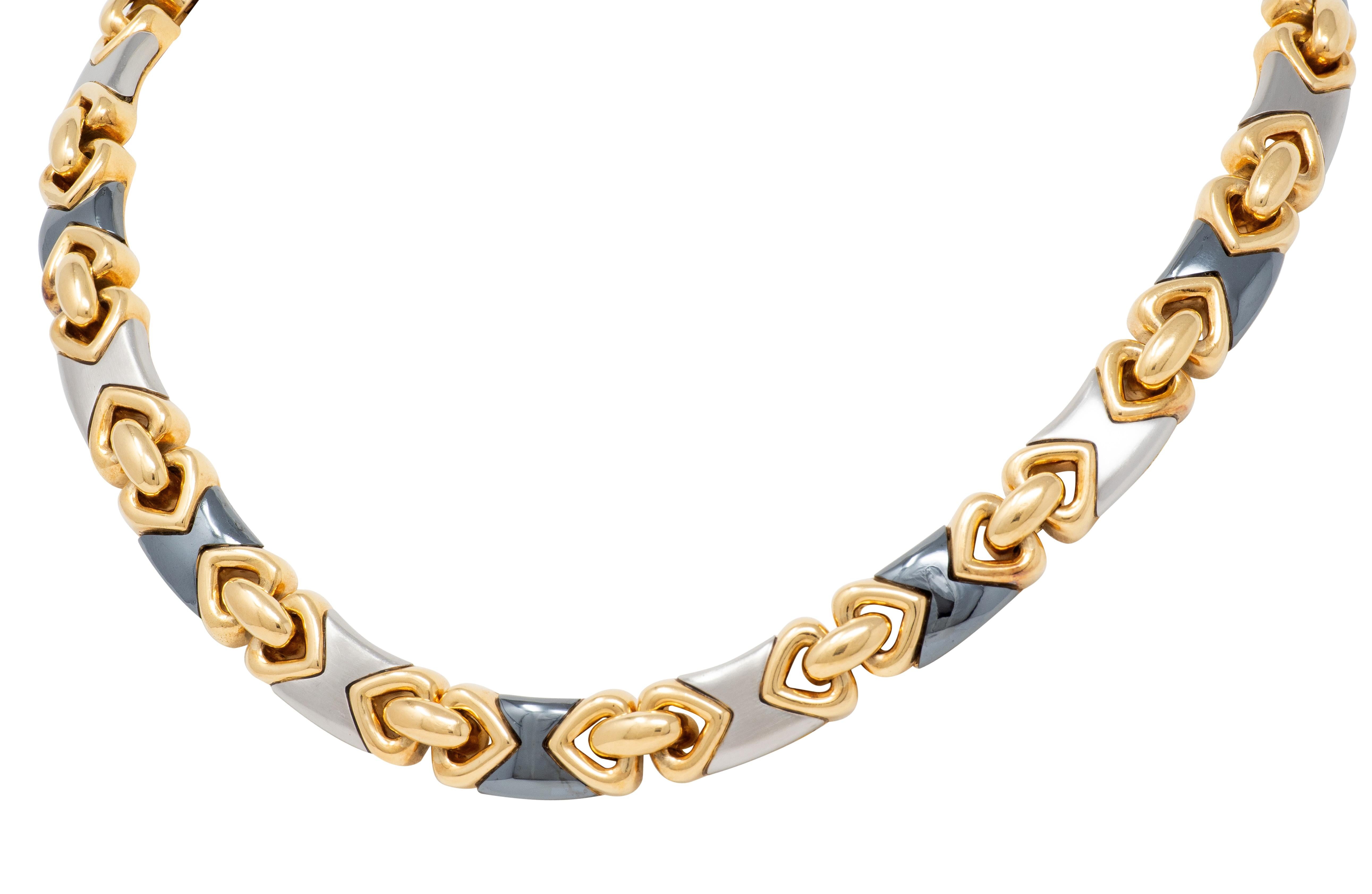 Bulgari 1980's 18 Karat Yellow Gold Hematite Steel Vintage Doppio Cuore Necklace