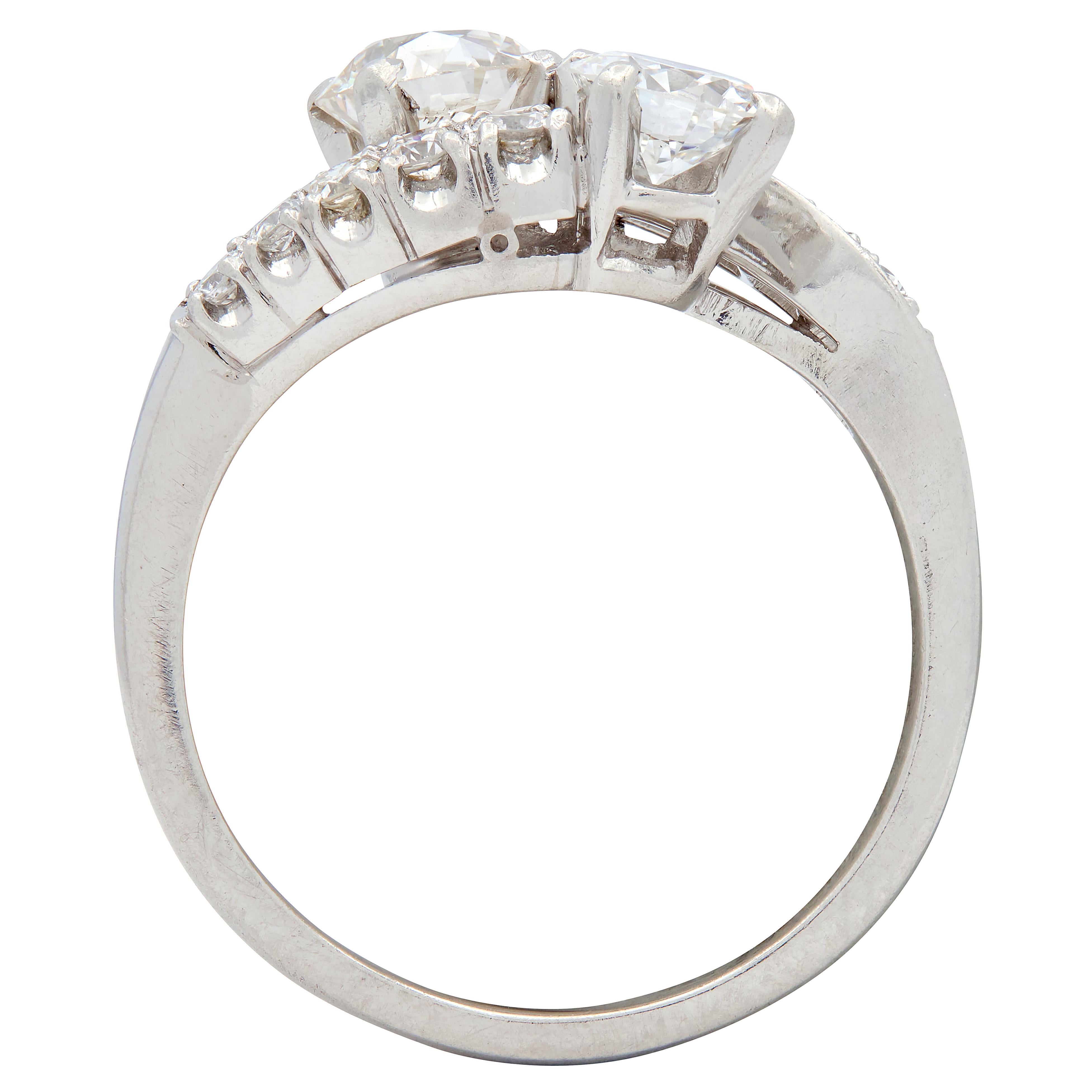 Mid-Century 1950s 1.79 CTW Old European Cut Diamond Platinum Vintage Bypass Ring