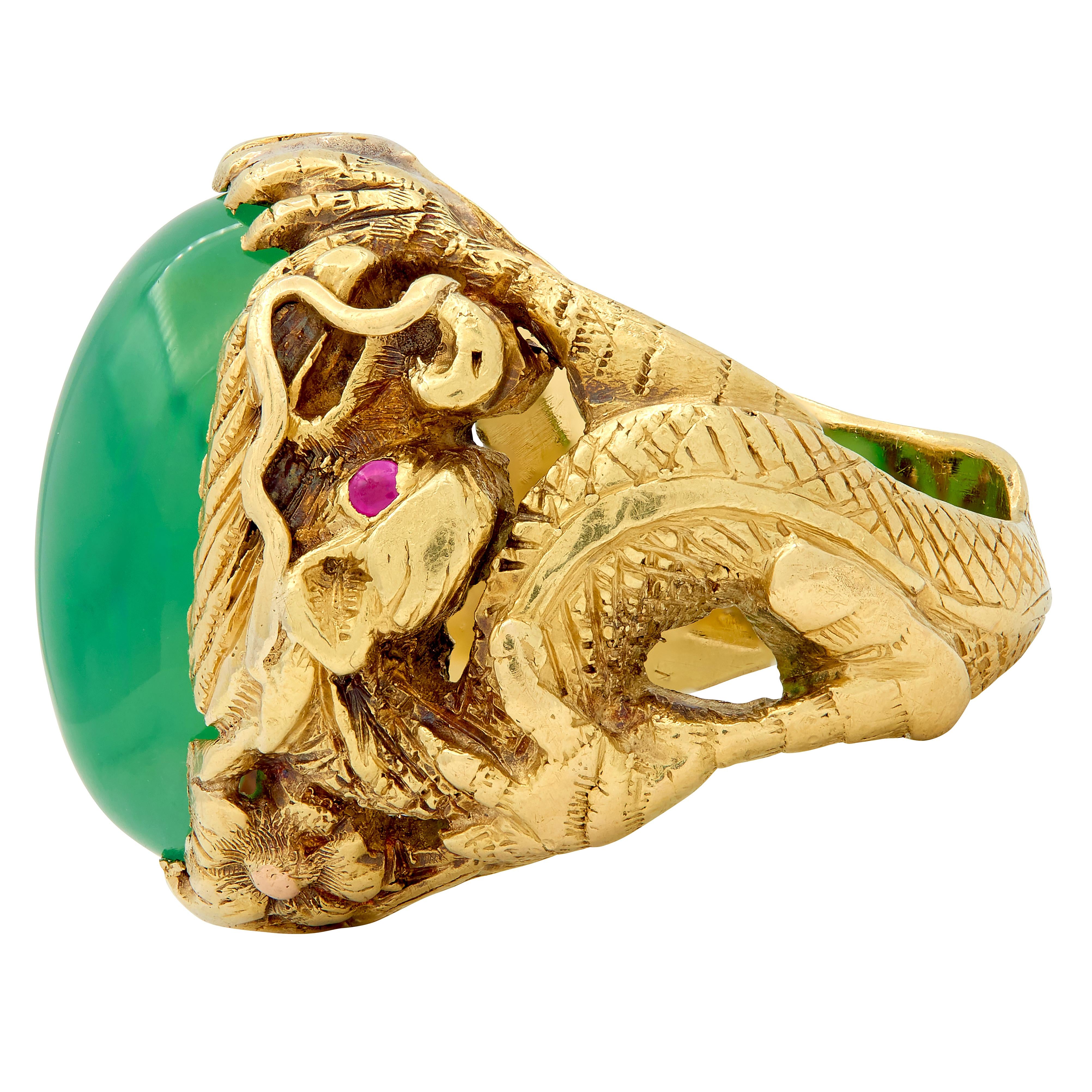 Art Nouveau Jadeite Jade Ruby 18 Karat Yellow Gold Dragon Antique Ring GIA