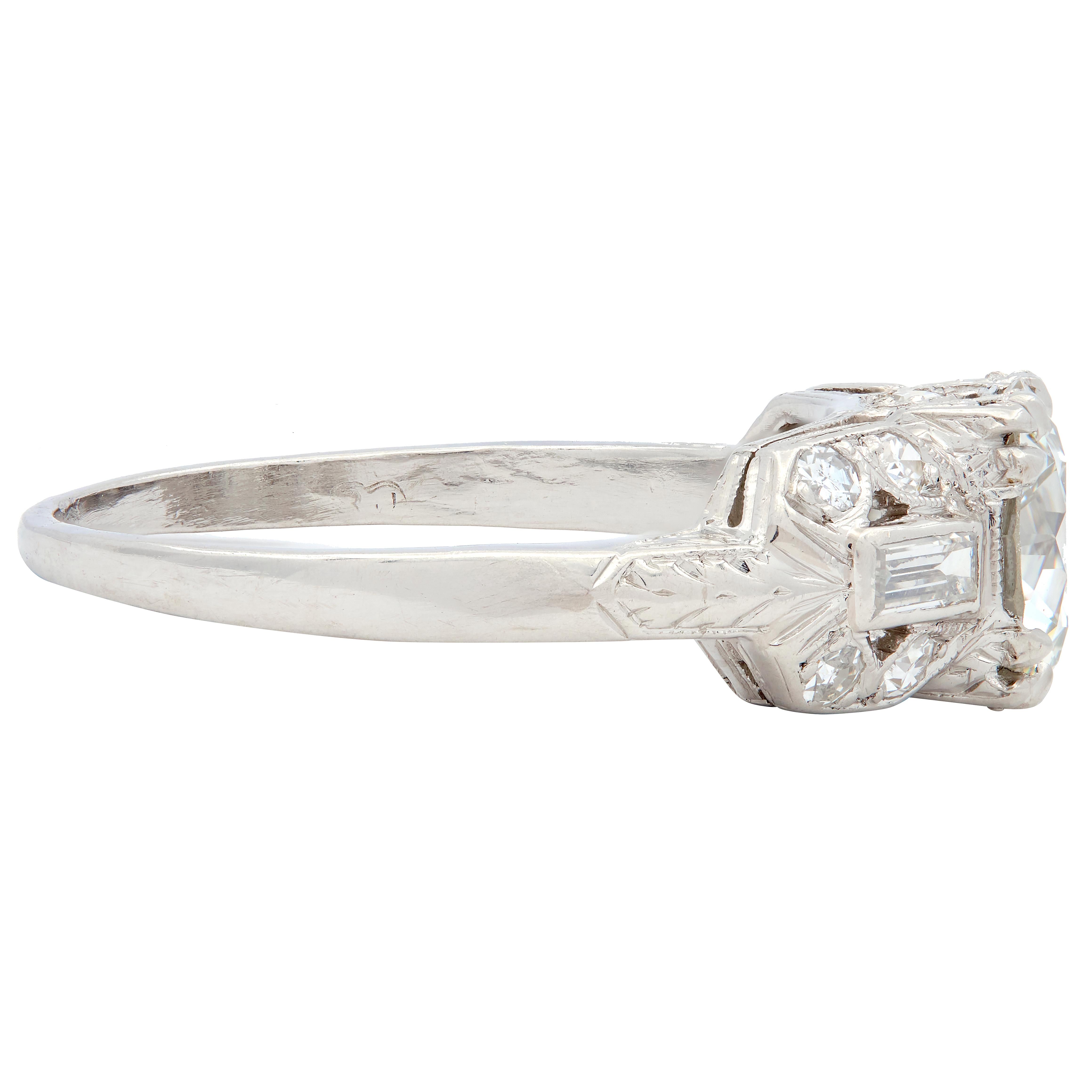 Art Deco Old European Diamond Platinum Wheat Square Form Engagement Ring