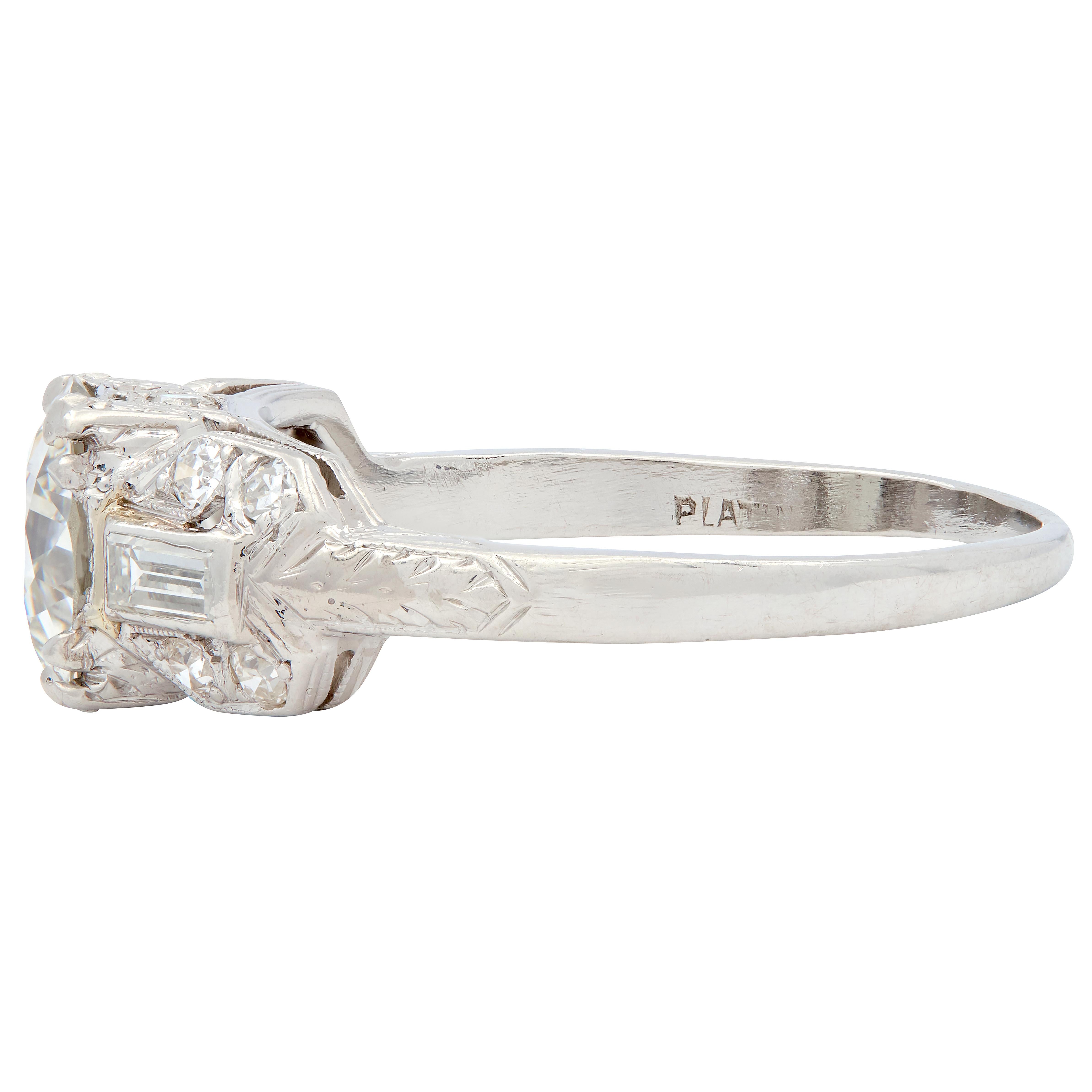 Art Deco Old European Diamond Platinum Wheat Square Form Engagement Ring