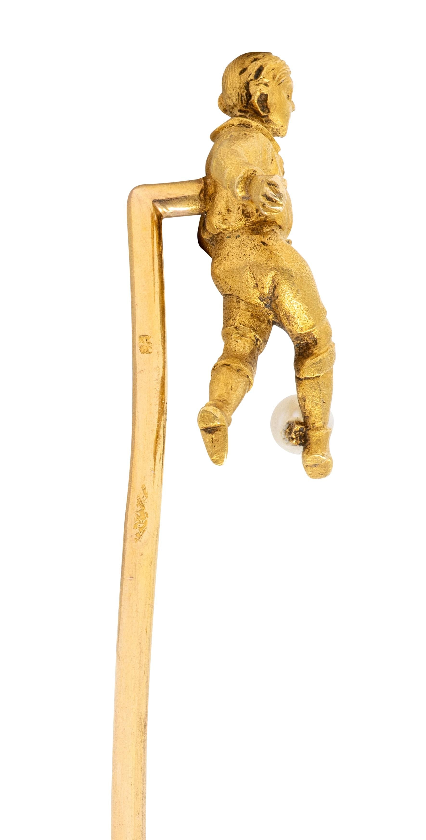 French Edwardian Pearl 18 Karat Yellow Gold Antique Soccer Stickpin