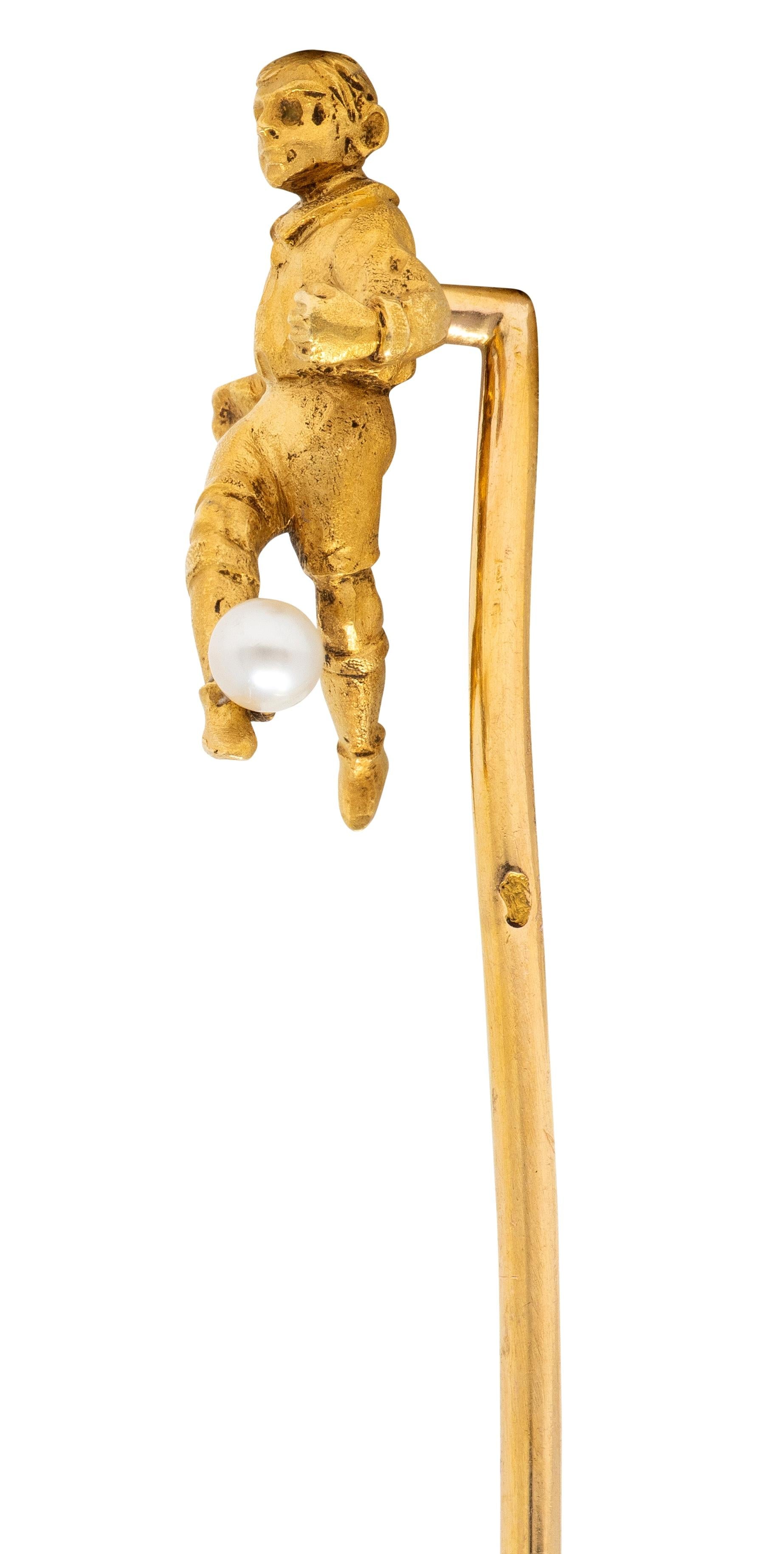 French Edwardian Pearl 18 Karat Yellow Gold Antique Soccer Stickpin