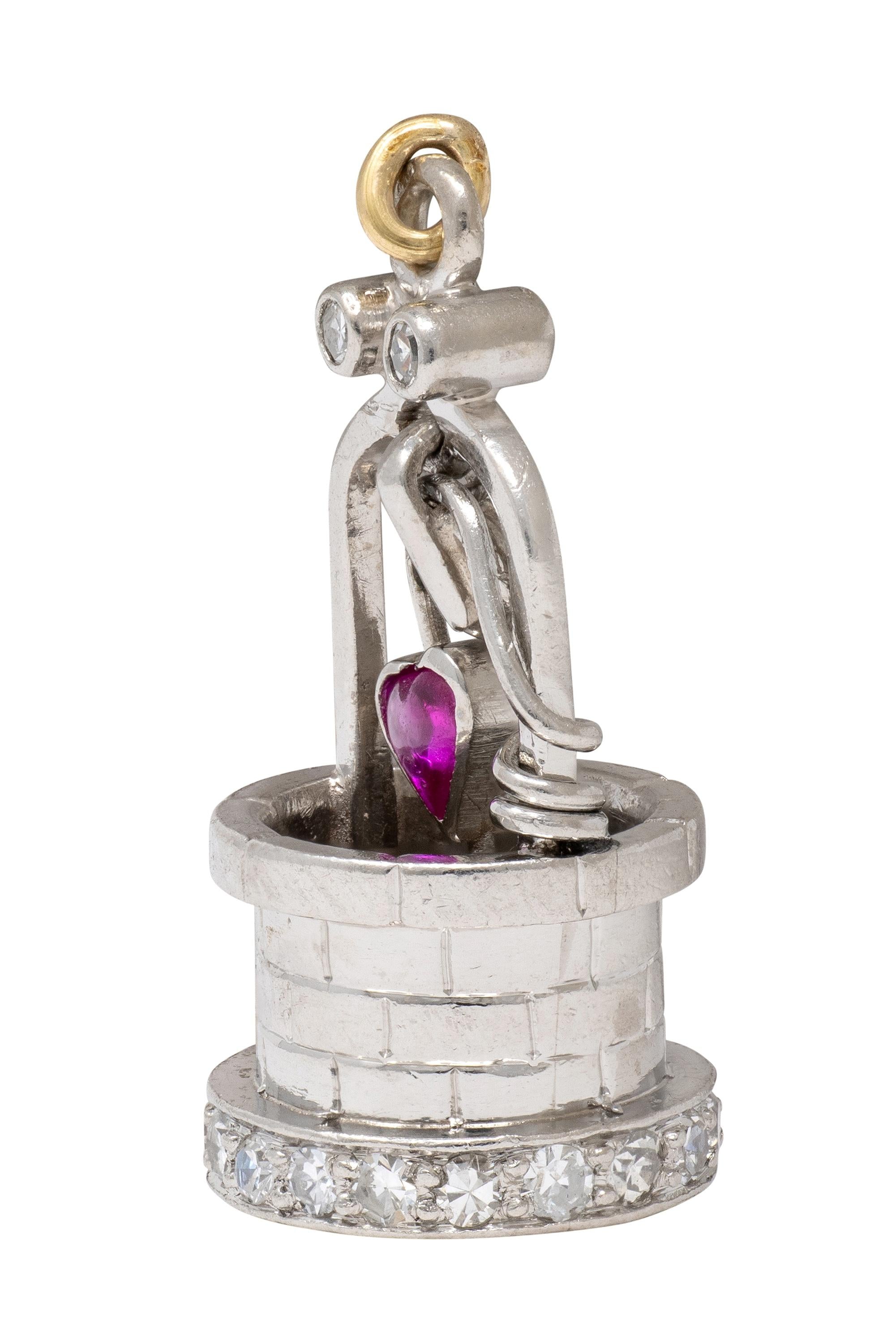 French Art Deco Diamond Ruby Platinum Vintage Heart Wishing Well Charm