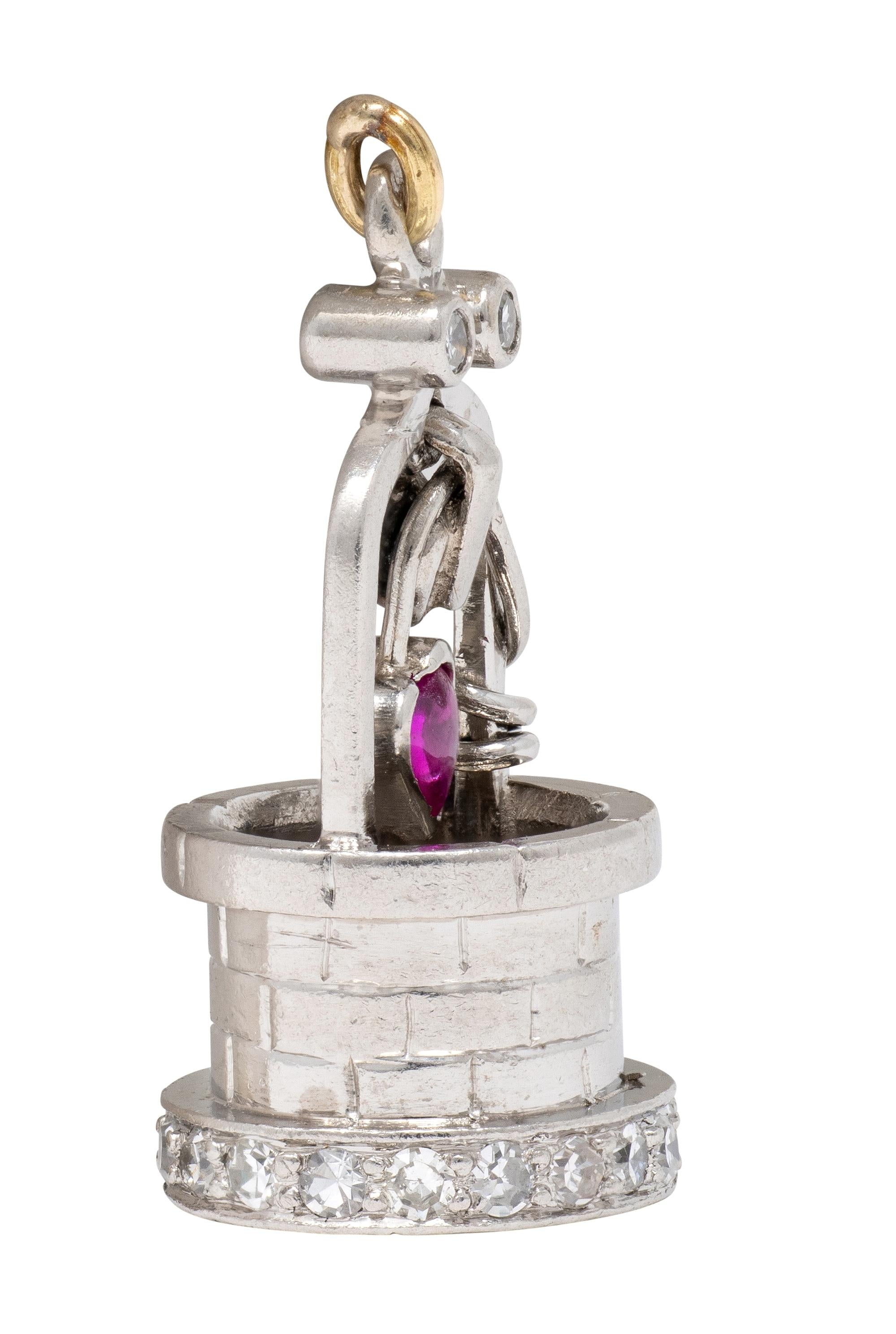 French Art Deco Diamond Ruby Platinum Vintage Heart Wishing Well Charm