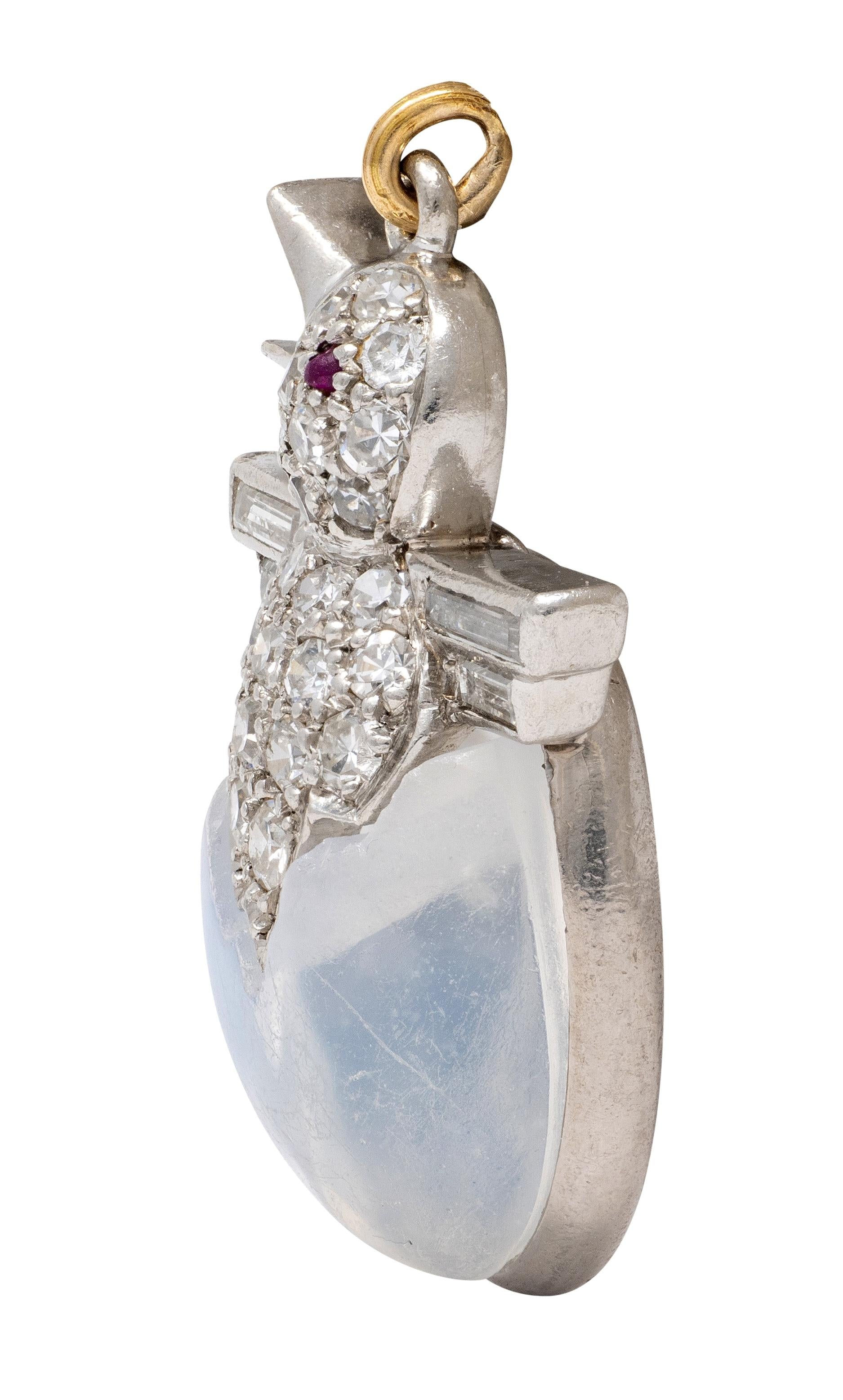Art Deco Diamond Ruby Moonstone 18 Karat White Gold Vintage Baby Chick Charm