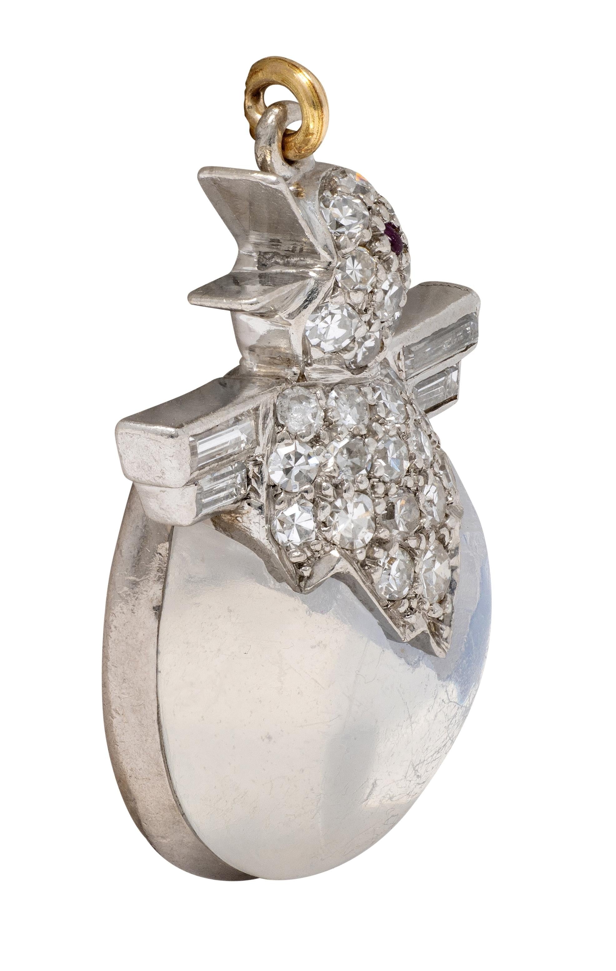 Art Deco Diamond Ruby Moonstone 18 Karat White Gold Vintage Baby Chick Charm