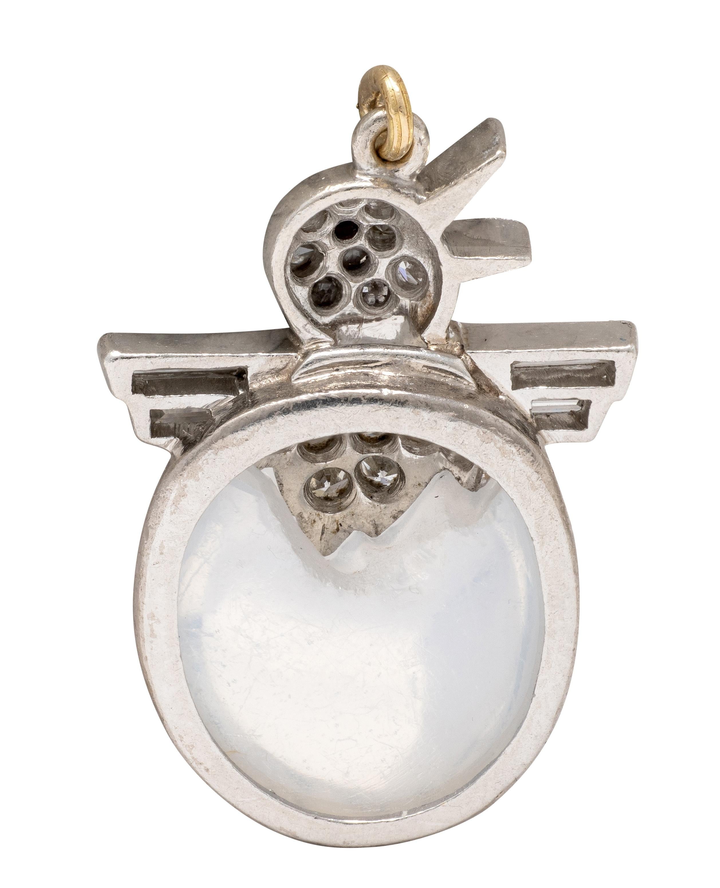 Art Deco Diamond Ruby Moonstone 18 Karat White Gold Vintage Baby Chick Charm