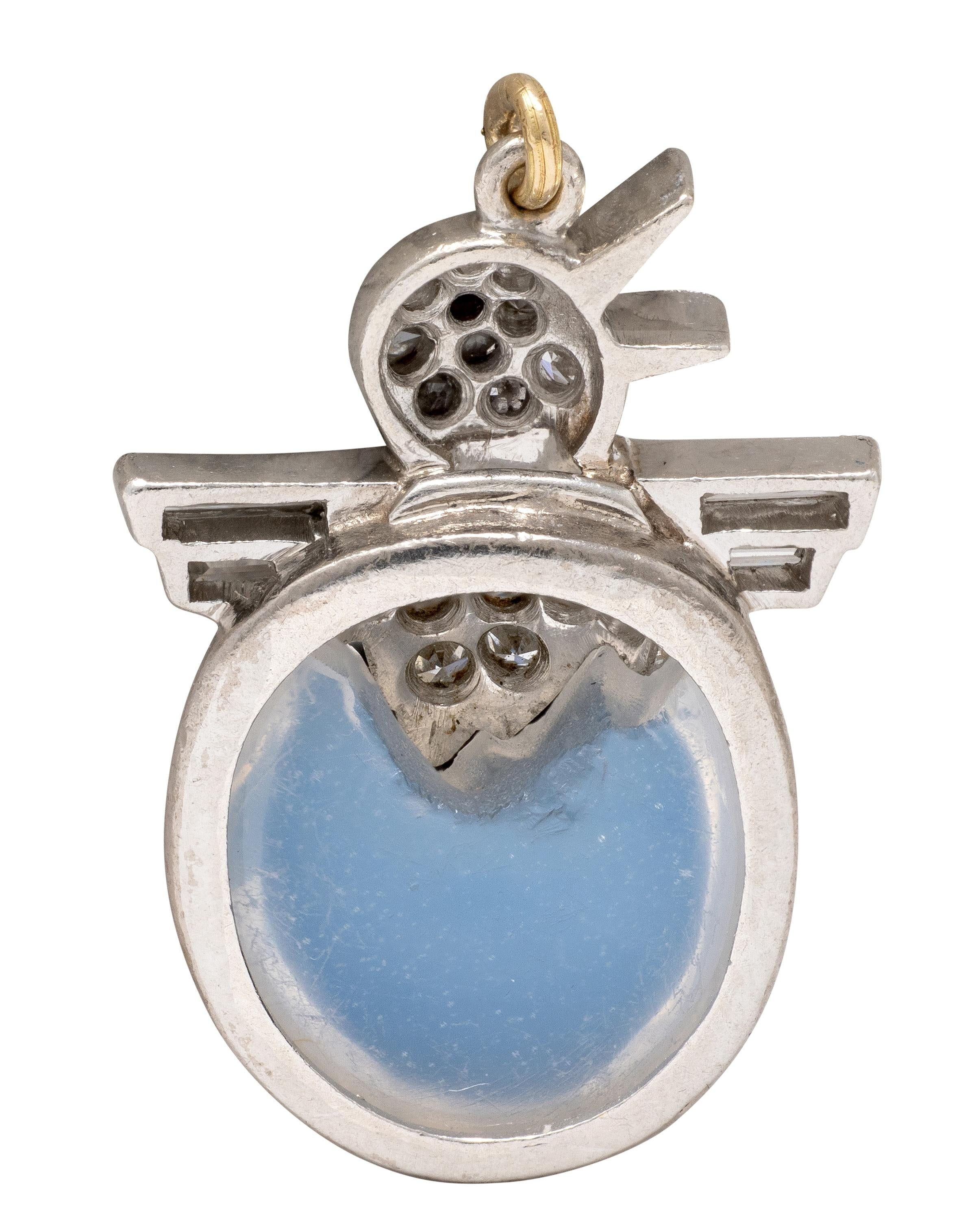 Art Deco Diamond Ruby Moonstone 18 Karat White Gold Vintage Baby Chick Charm