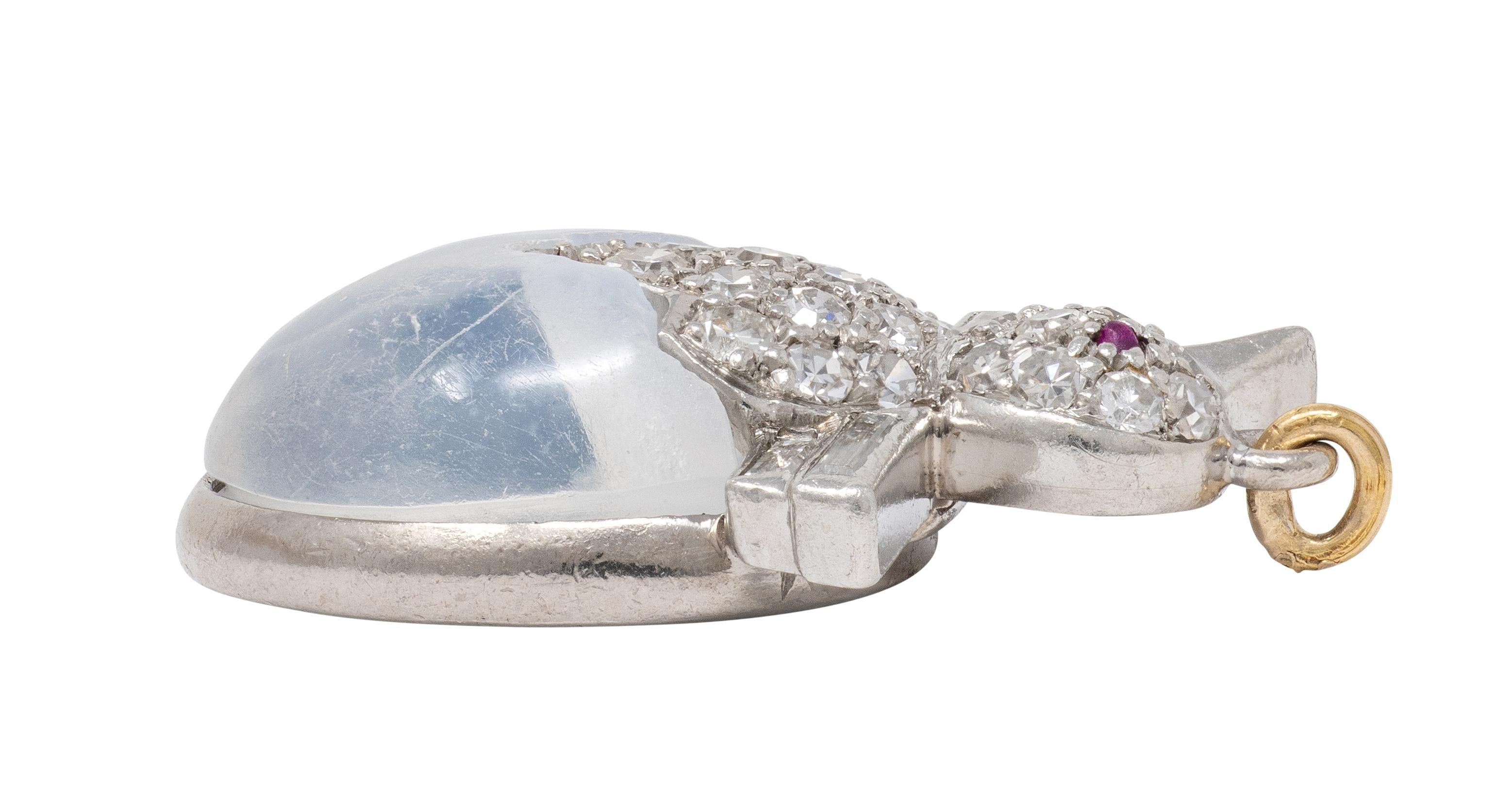 Art Deco Diamond Ruby Moonstone 18 Karat White Gold Vintage Baby Chick Charm