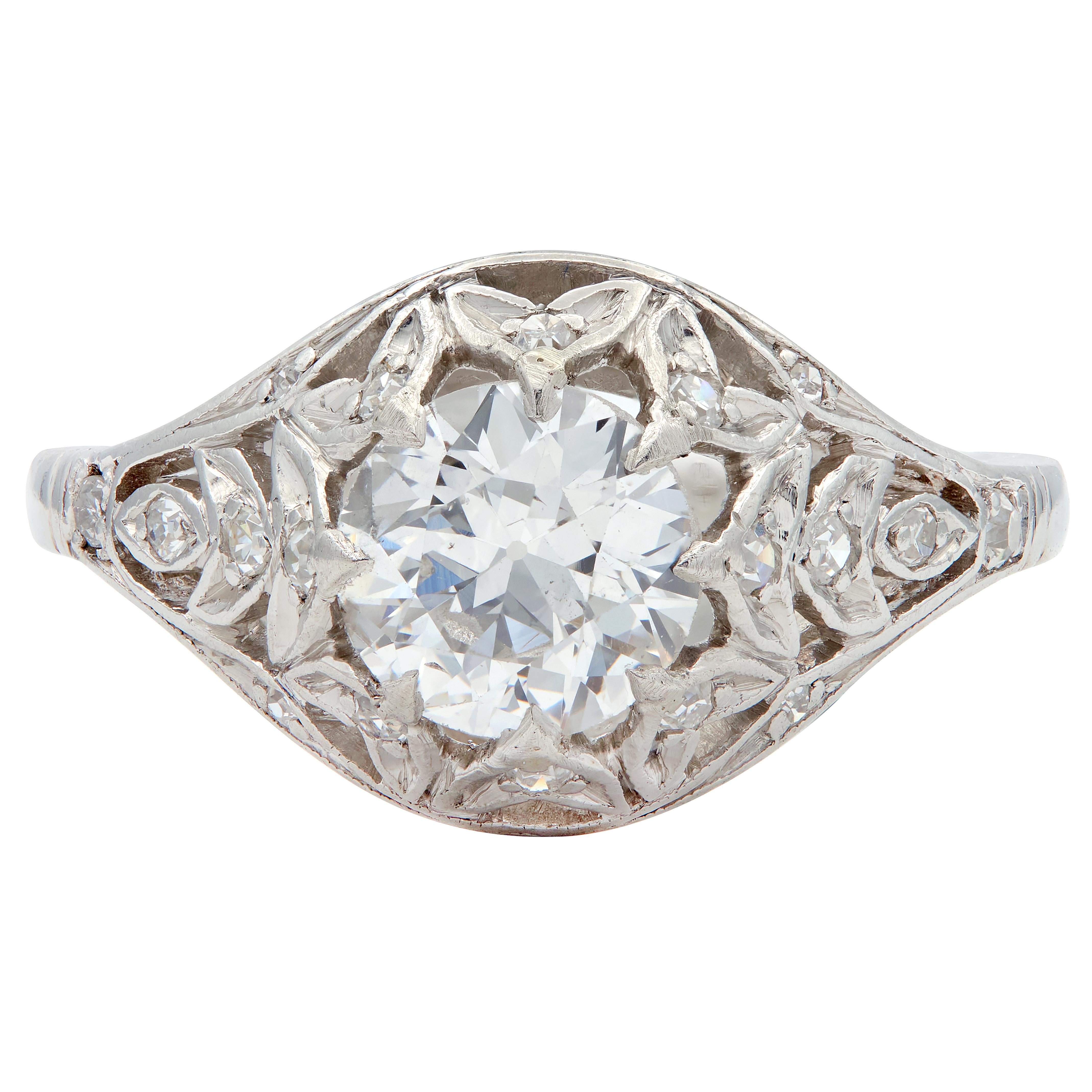 Art Deco 1.39 CTW Diamond Platinum Foliate Vintage Engagement Ring GIA