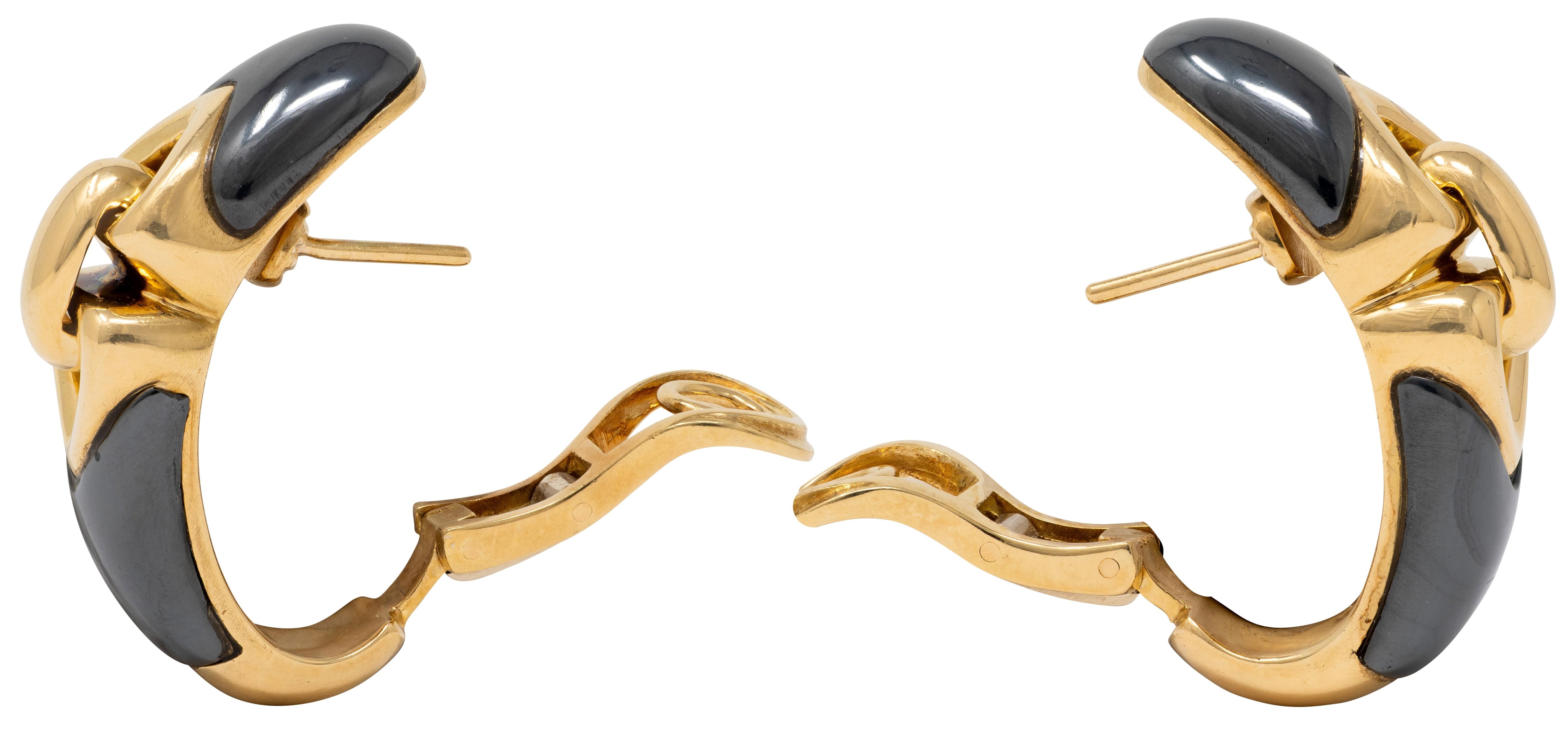 Bulgari 1980's Hematite 18 Karat Yellow Gold Vintage Doppio Cuore Earrings