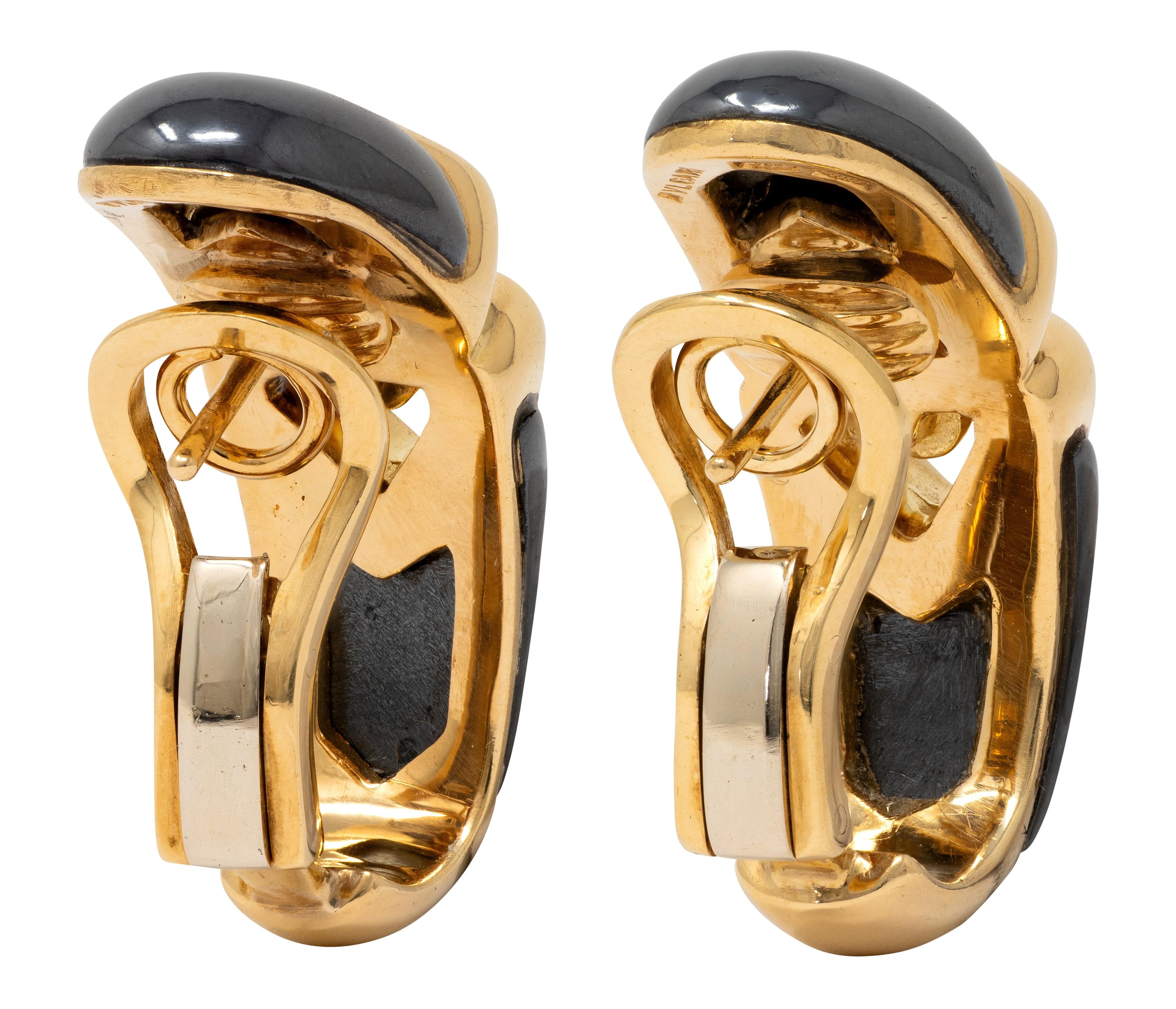 Bulgari 1980's Hematite 18 Karat Yellow Gold Vintage Doppio Cuore Earrings