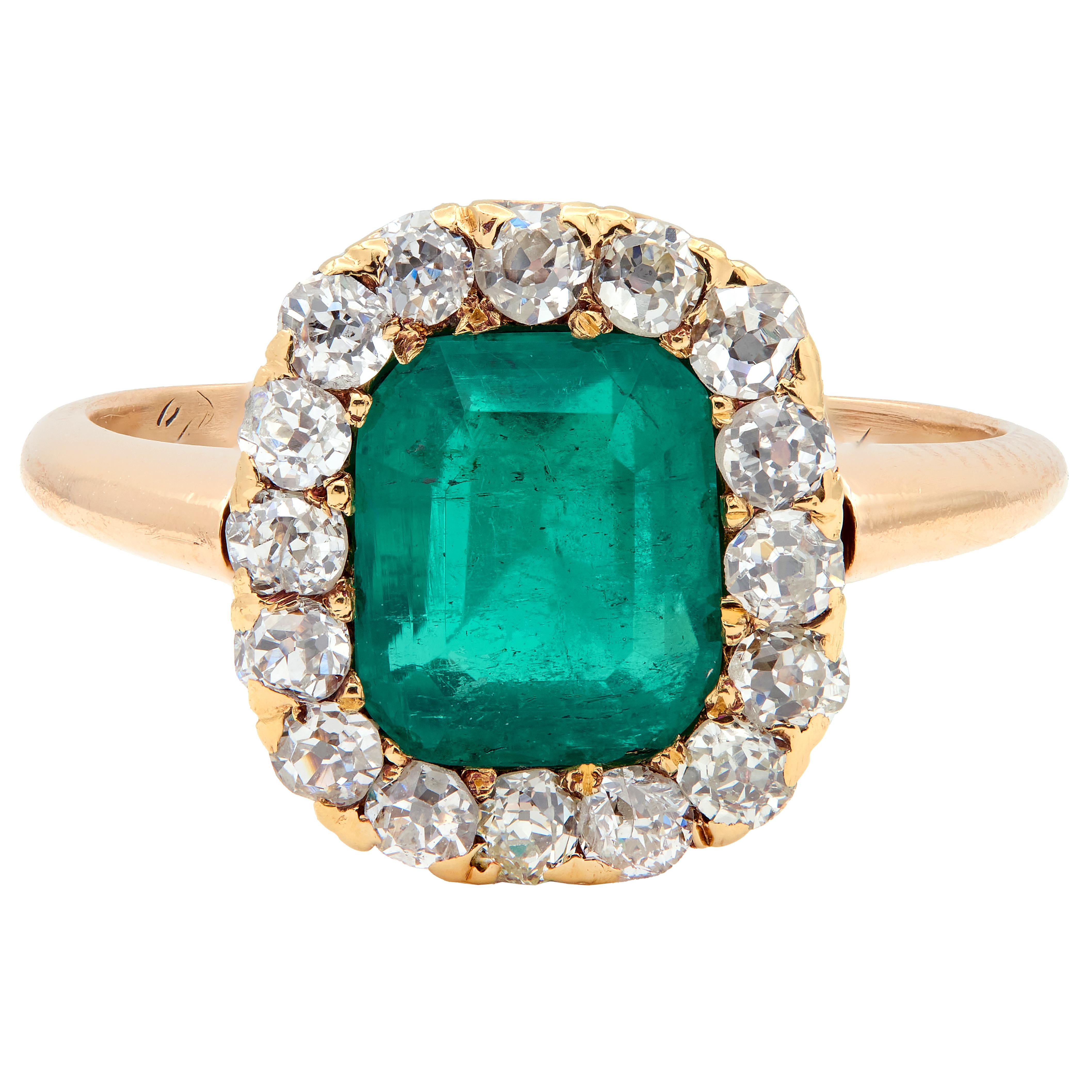 Victorian 2.51 CTW Colombian Emerald Diamond 14K Gold Antique Halo Ring GIA