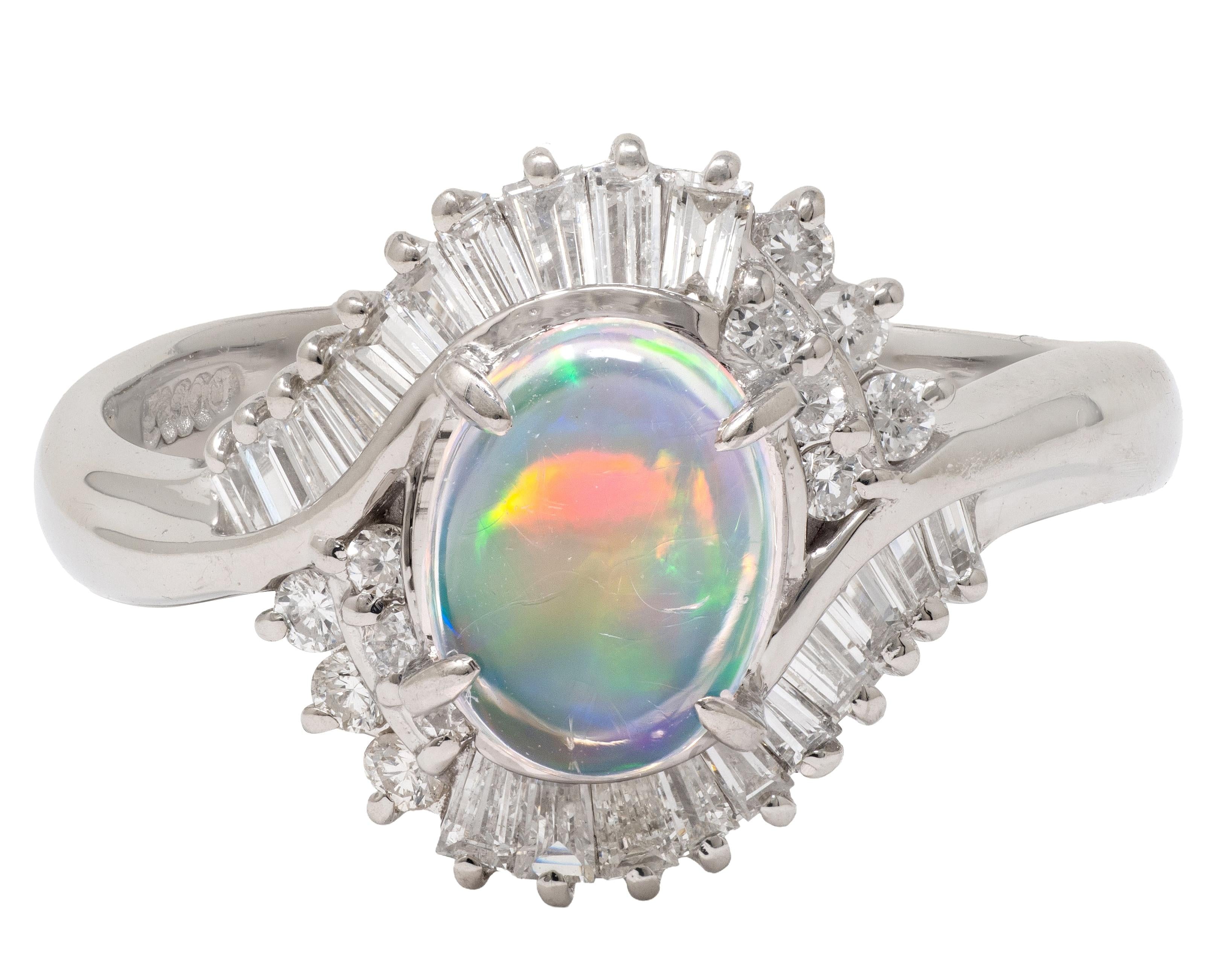 Contemporary Jelly Opal Diamond Platinum Swirl Bypass Cluster Ring