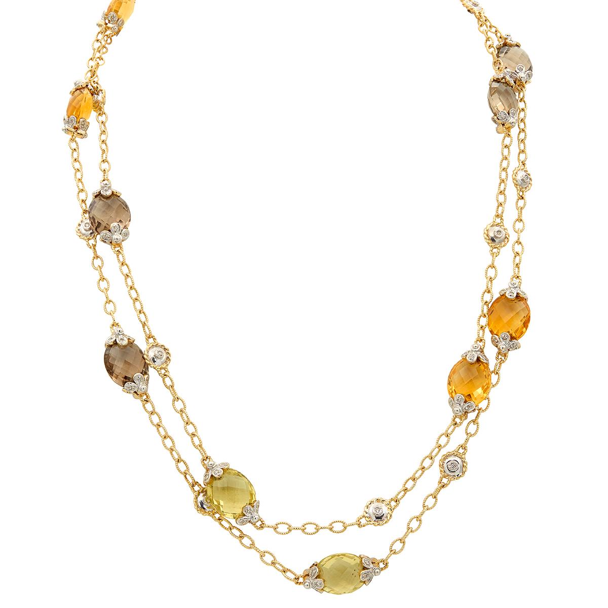 2000's Diamond Multi-Gem 14K Two-Tone Gold Contemporary Beaded Station Necklace