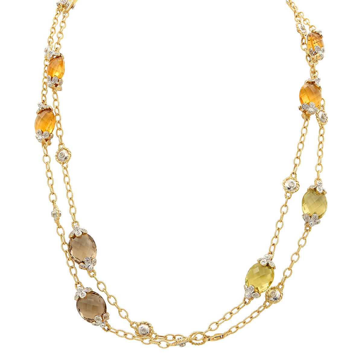 2000's Diamond Multi-Gem 14K Two-Tone Gold Contemporary Beaded Station Necklace