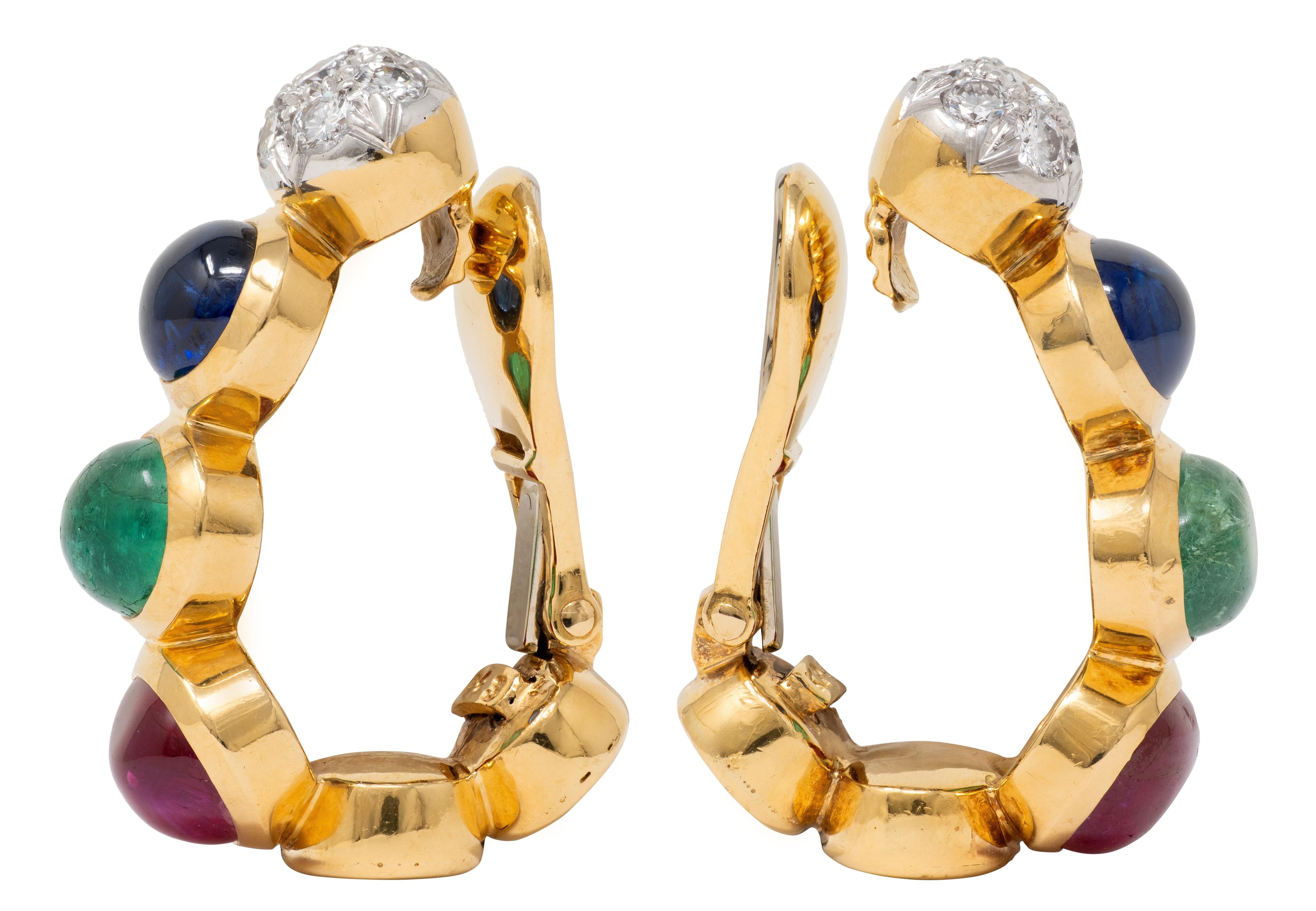 David Webb 1980's Multi-Gem 18K Gold Platinum Vintage J-Hoop Ear-Clip Earrings