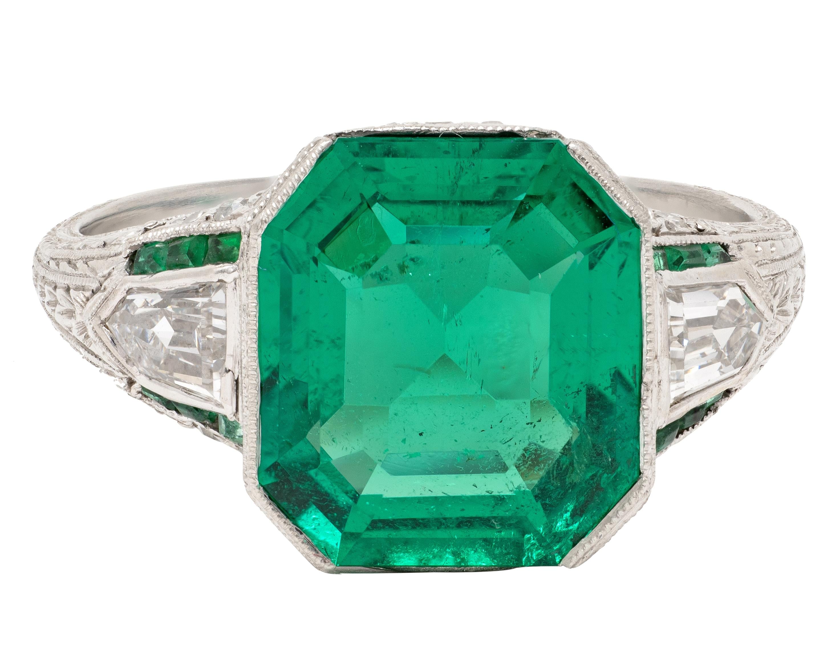 Art Deco 3.57 CTW Colombian Emerald Diamond Platinum Vintage Wheat Ring AGL