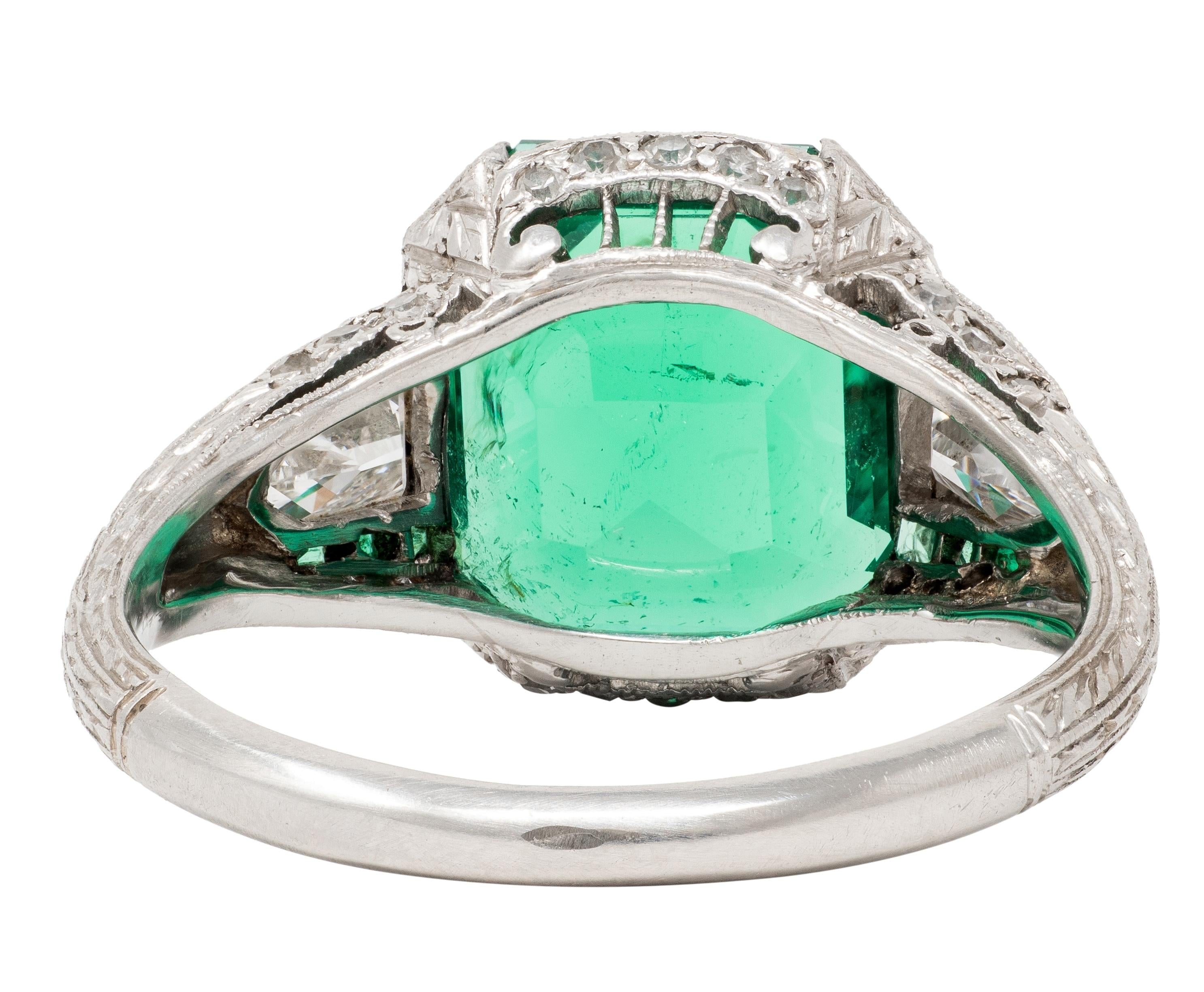 Art Deco 3.57 CTW Colombian Emerald Diamond Platinum Vintage Wheat Ring AGL