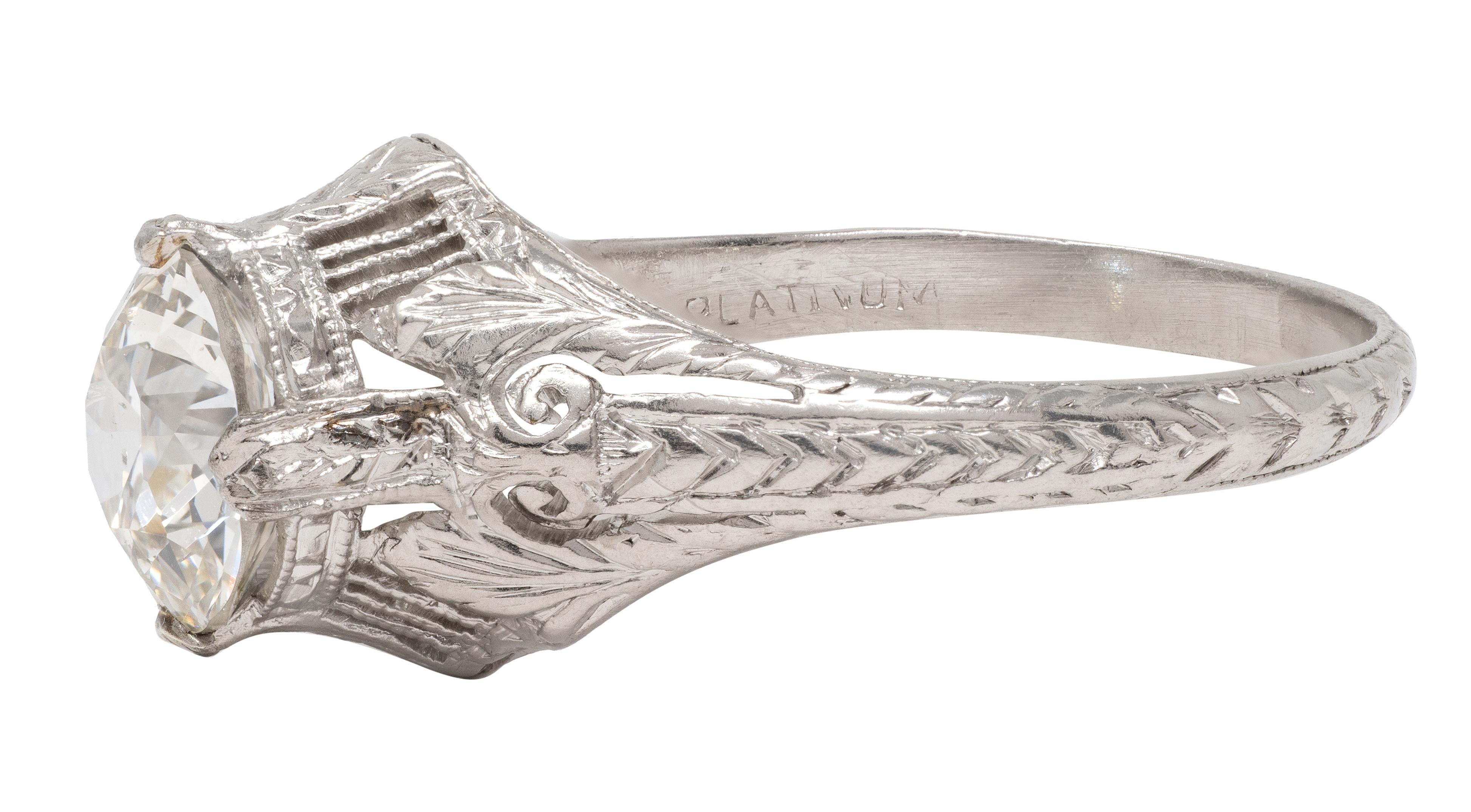 Art Deco Old European Cut Diamond Platinum Antique Scroll Engagement Ring GIA