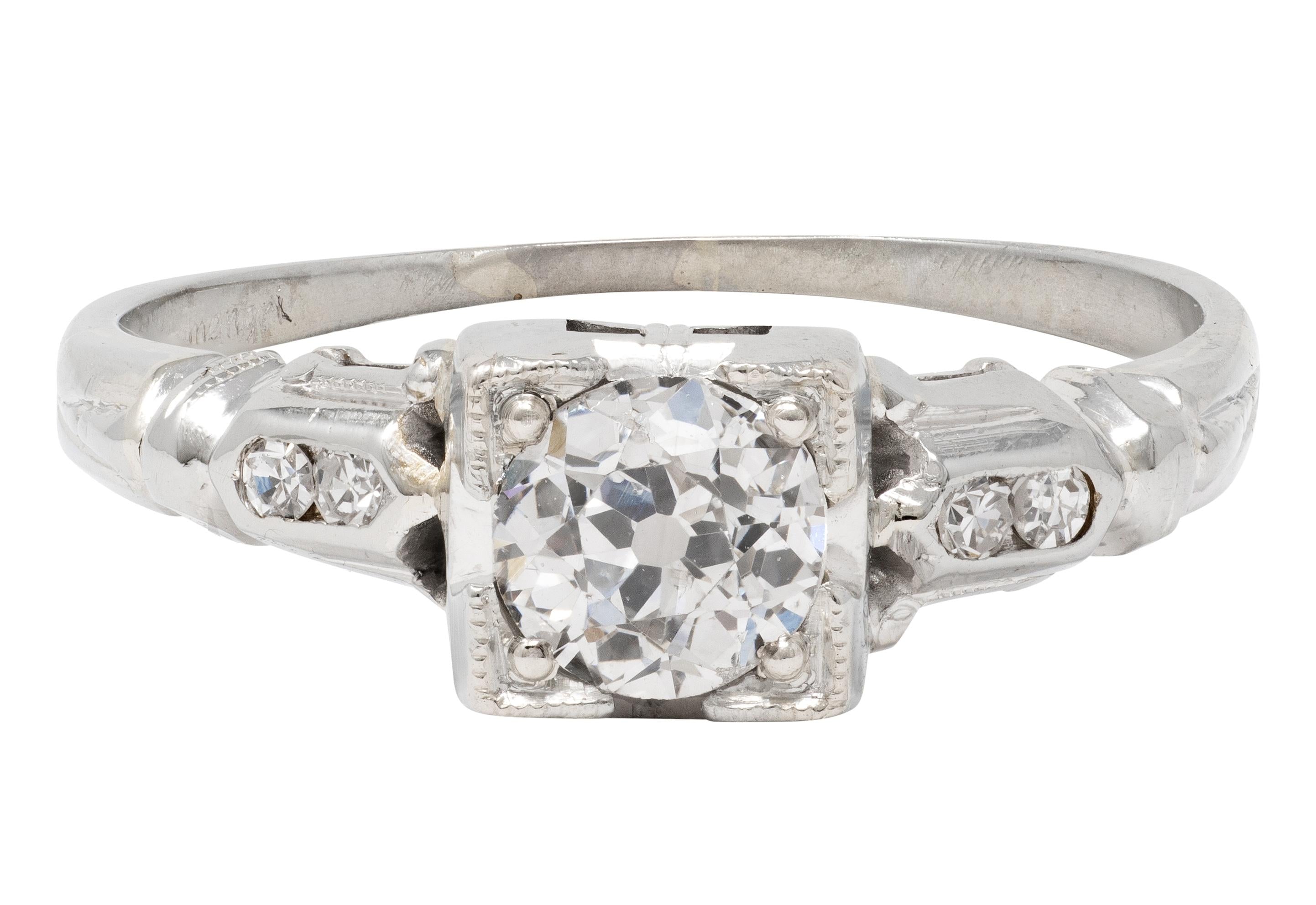 Art Deco Old European Diamond 18 Karat White Gold Vintage Lotus Engagement Ring