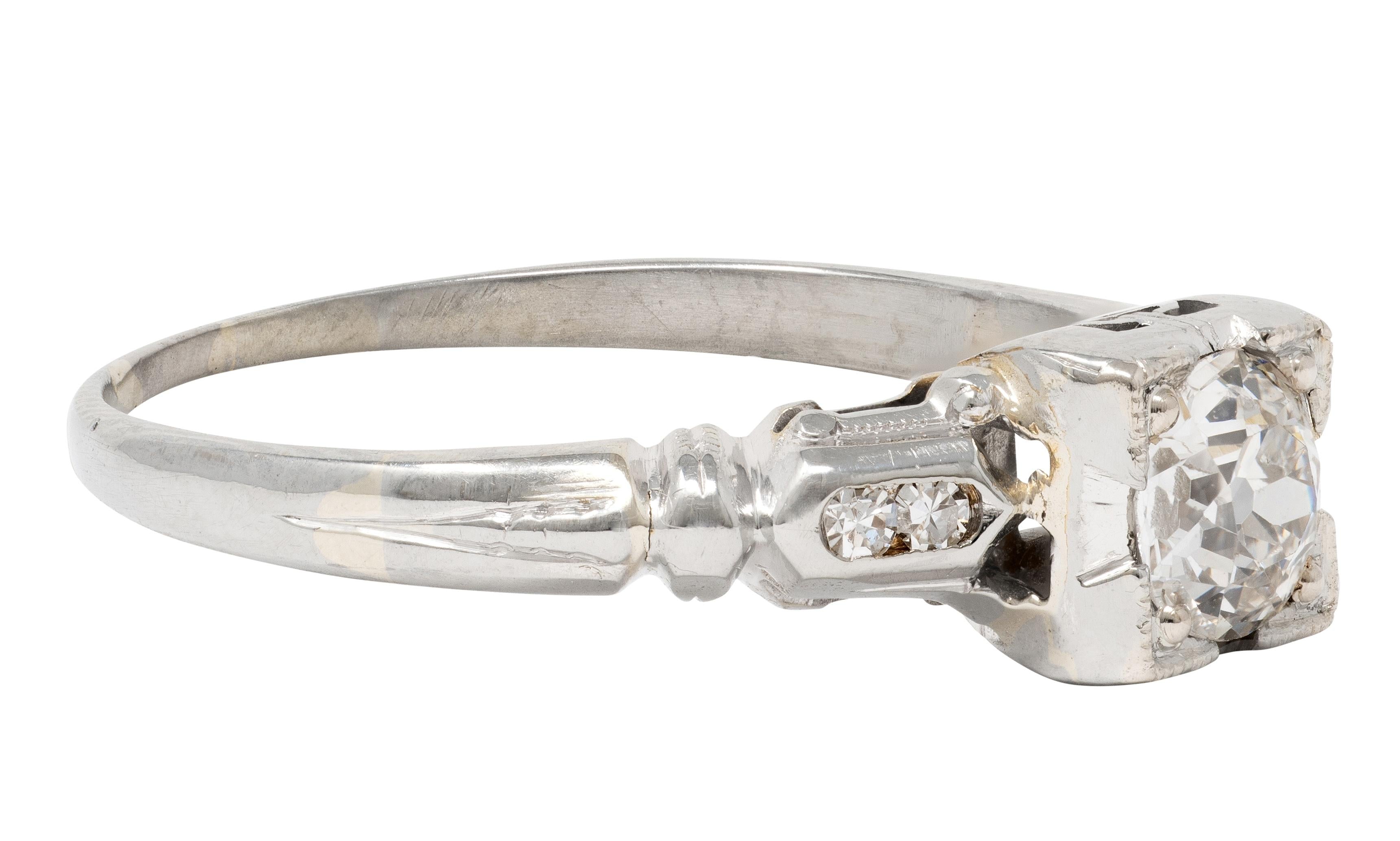 Art Deco Old European Diamond 18 Karat White Gold Vintage Lotus Engagement Ring