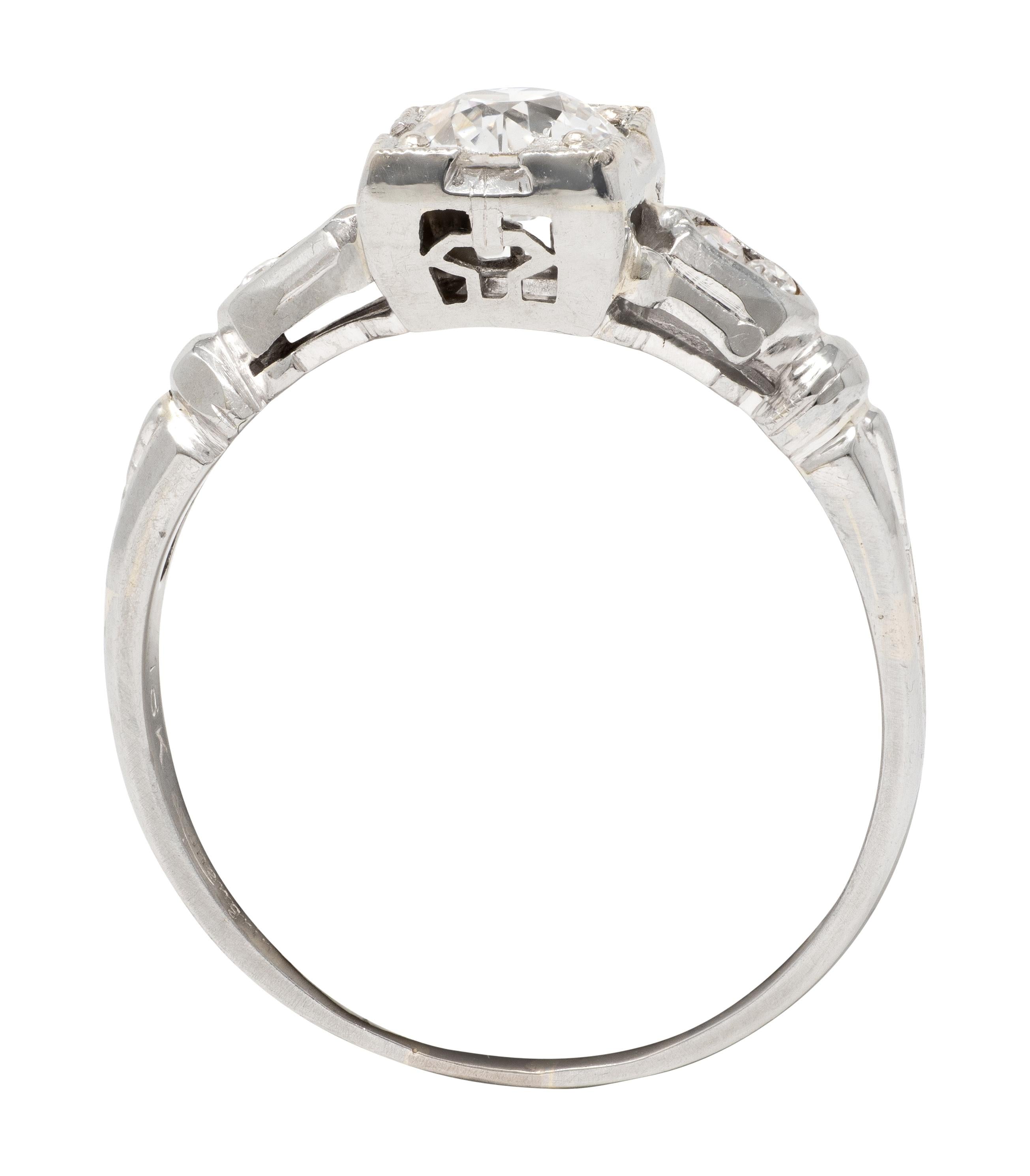 Art Deco Old European Diamond 18 Karat White Gold Vintage Lotus Engagement Ring