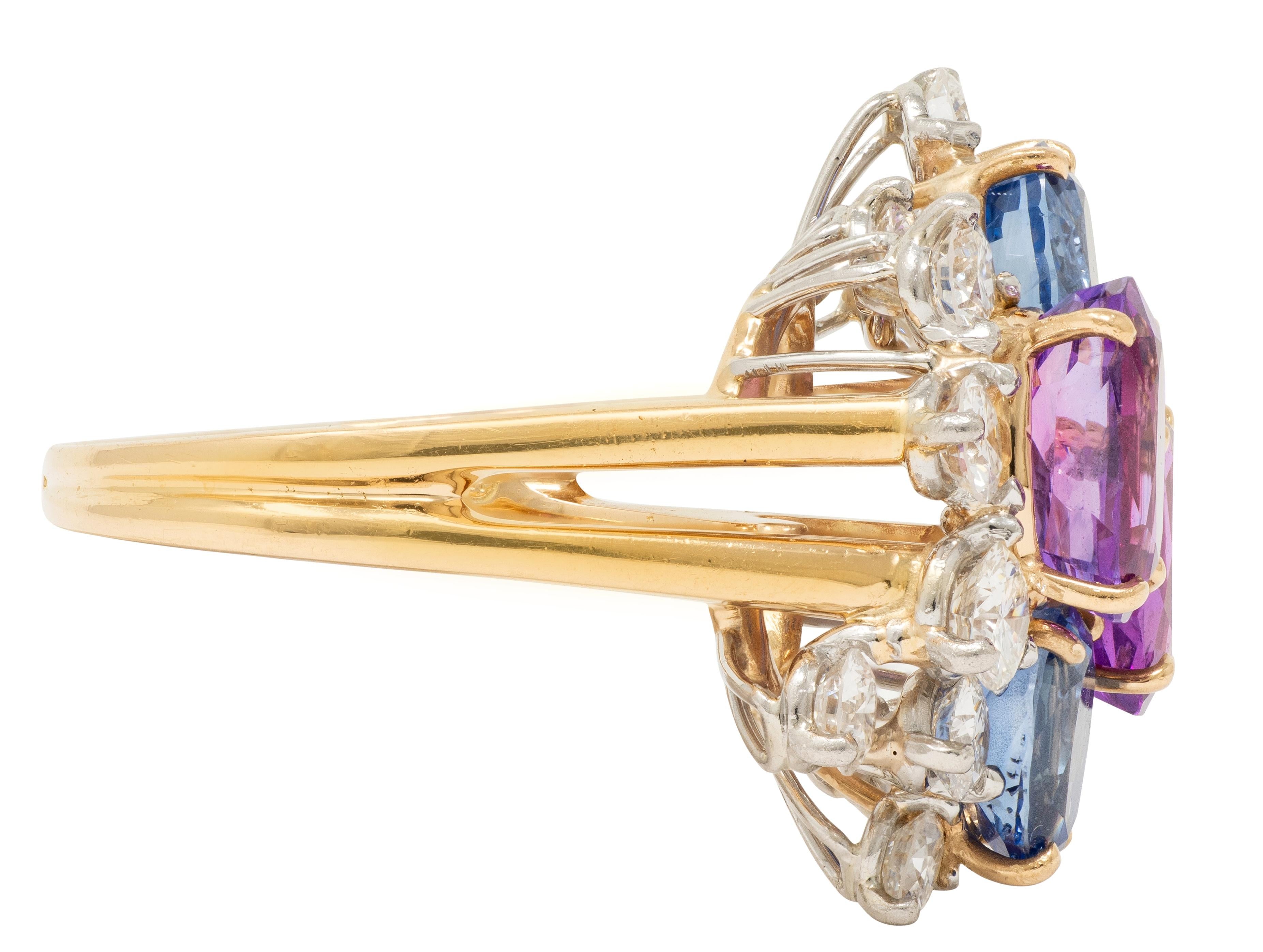 Oscar Heyman 1980's Sapphire Diamond 18K Gold Platinum Vintage Cluster Ring