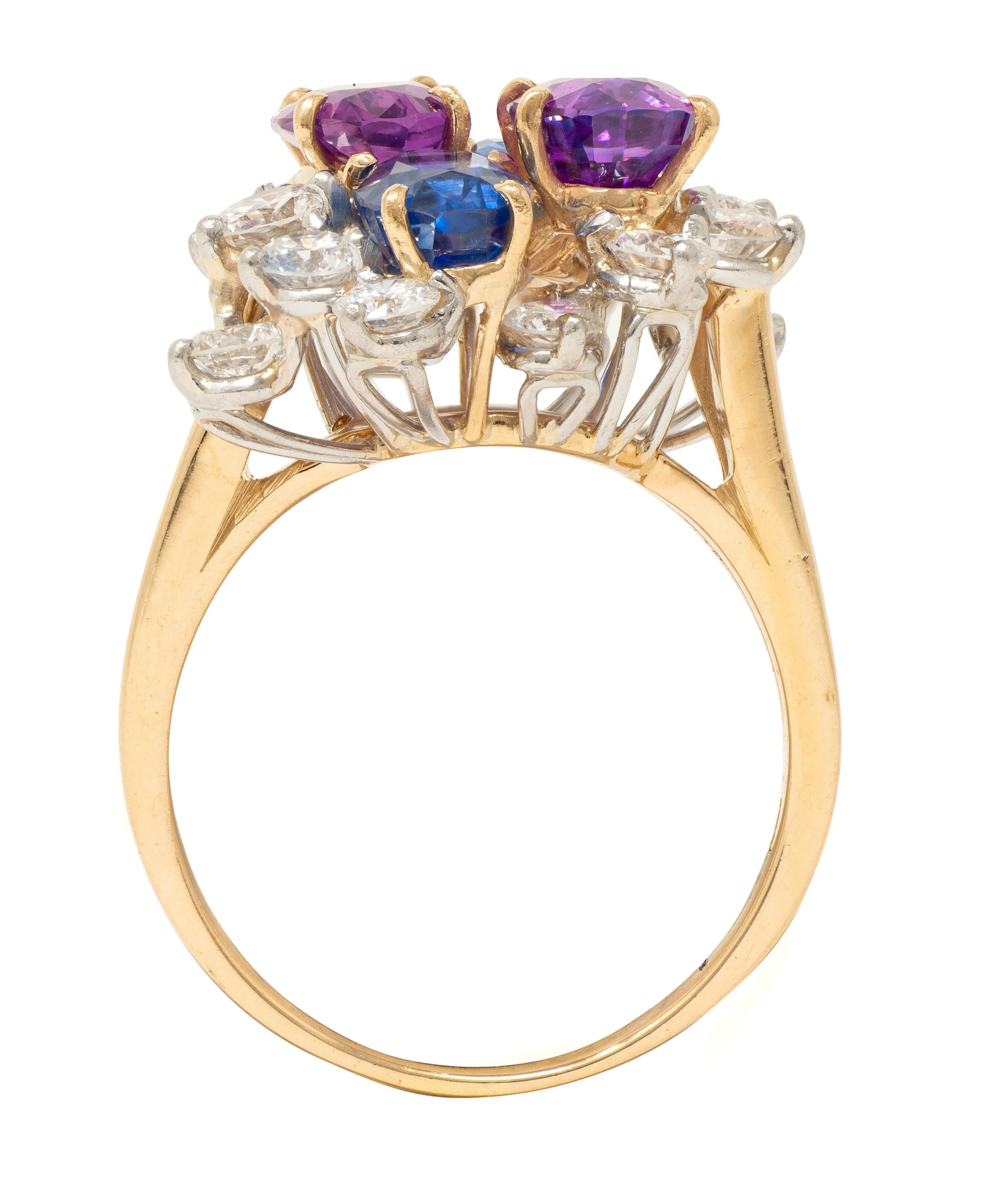 Oscar Heyman 1980's Sapphire Diamond 18K Gold Platinum Vintage Cluster Ring
